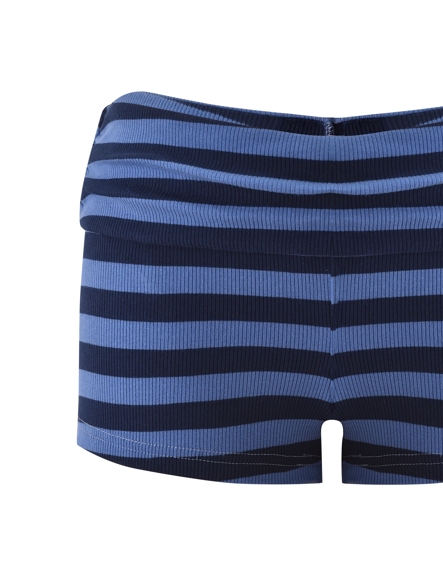 The CERYS RIB SHORT - BLUE NAVY STRIPE by TIGERMIST features blue and navy horizontal stripes, a ribbed knit, and a foldover waistband, inspired by classic blue stripe mini skirts. Shown against a white background.