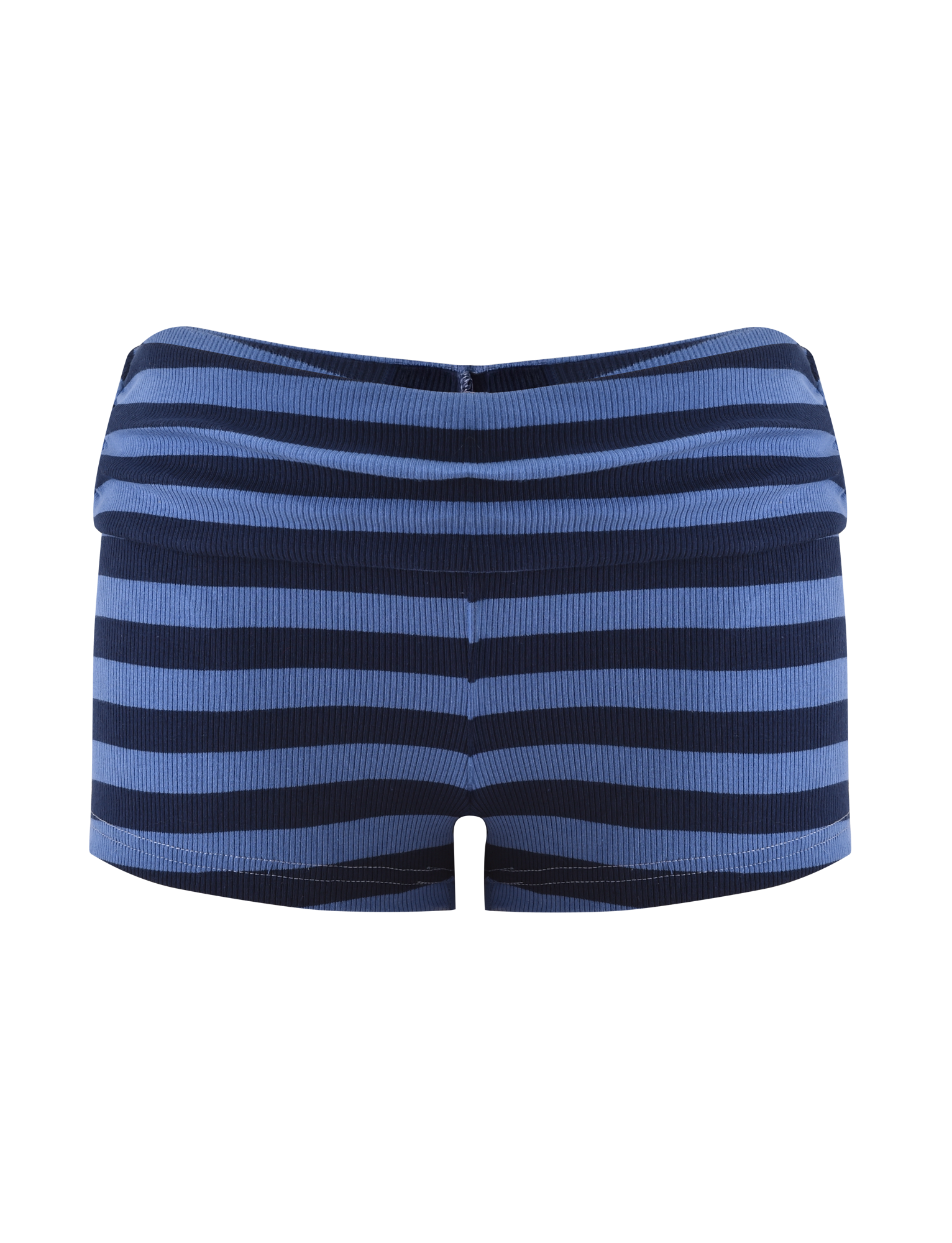 The CERYS RIB SHORT - BLUE NAVY STRIPE from TIGERMIST features blue and navy stripes, ribbed knit fabric, and a chic foldover waistband, shown against a plain white background.
