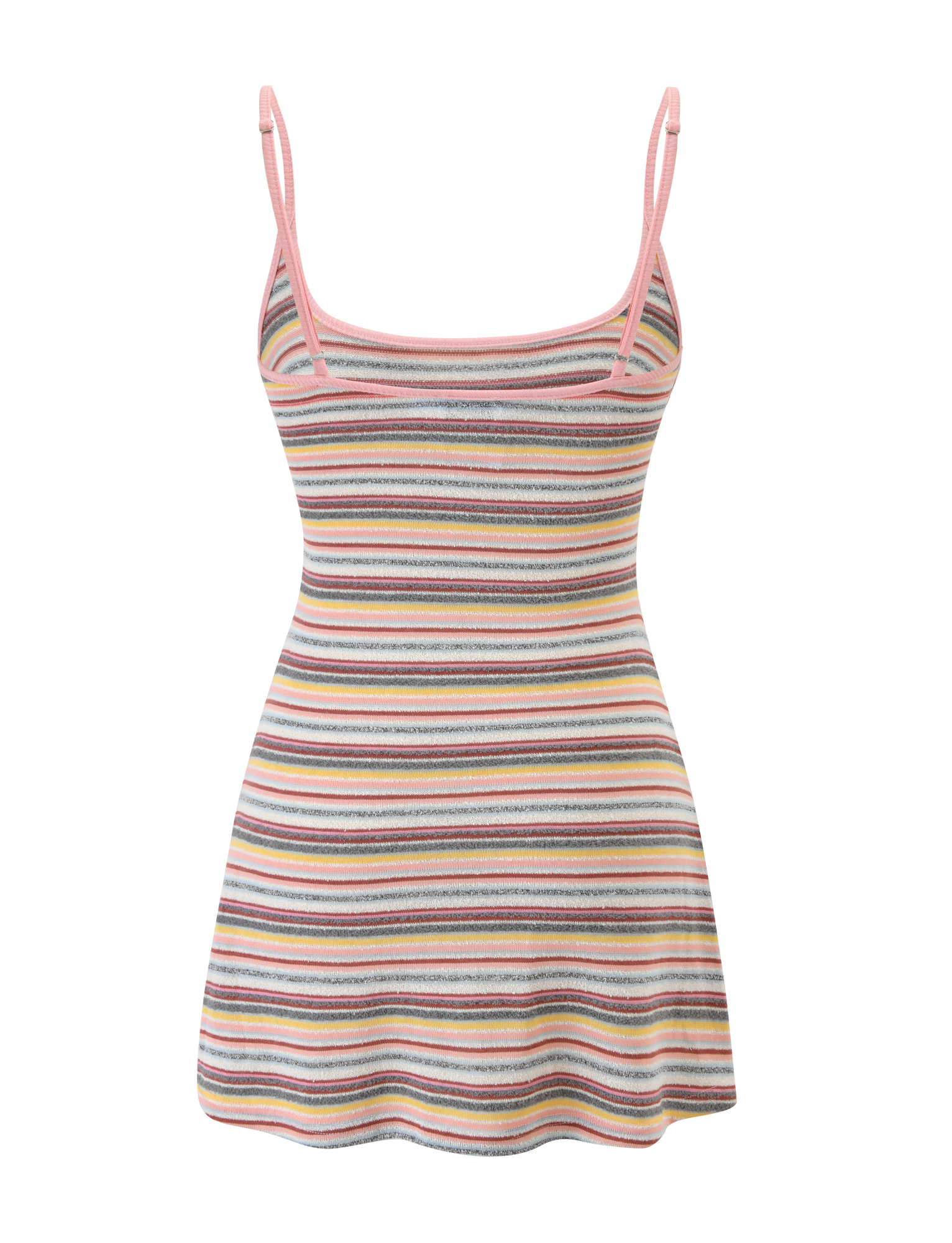 The CELESTE MINI DRESS by TIGERMIST features a sleeveless A-line silhouette with pink spaghetti straps, a scoop neckline, and multicoloured horizontal stripes, crafted from ribbed fabric for stylish texture.