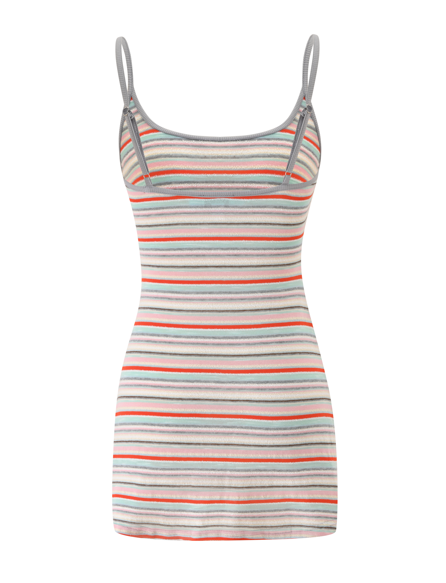 The TIGERMIST CELESTE MINI DRESS - MINTY STRIPE is a sleeveless, fitted knit mini dress with thin straps and horizontal stripes in grey, red, orange, green, and white.