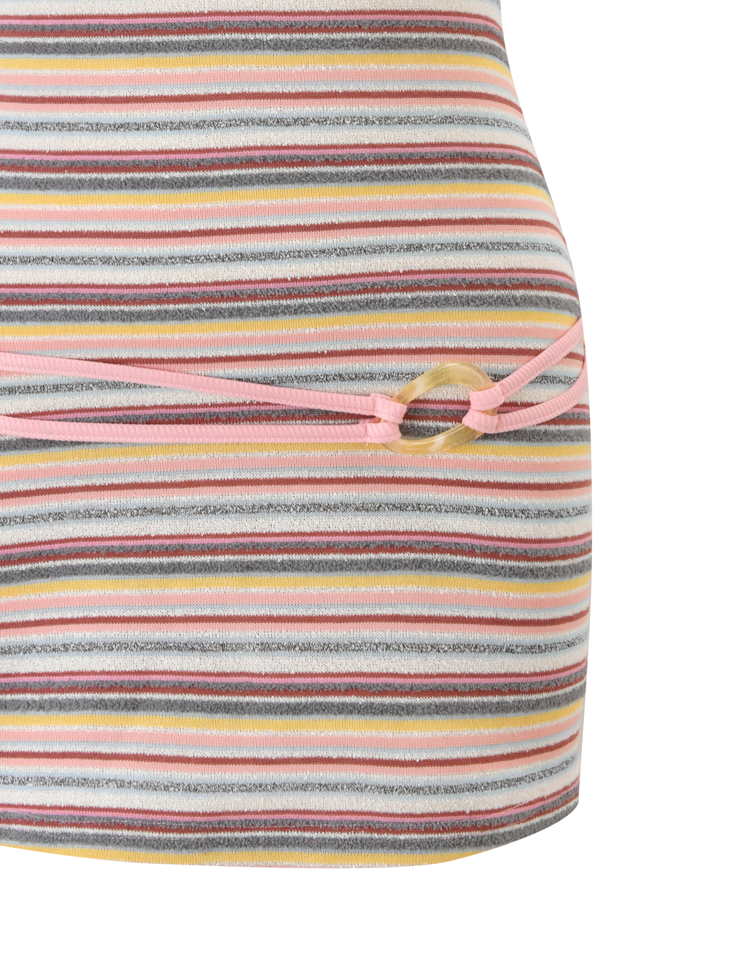 A close-up of the TIGERMIST CELESTE MINI DRESS - MULTISTRIPE, featuring ribbed fabric with gray, yellow, pink, and white stripes, a multicolored pattern, and a side cut-out tied with pink drawstrings.