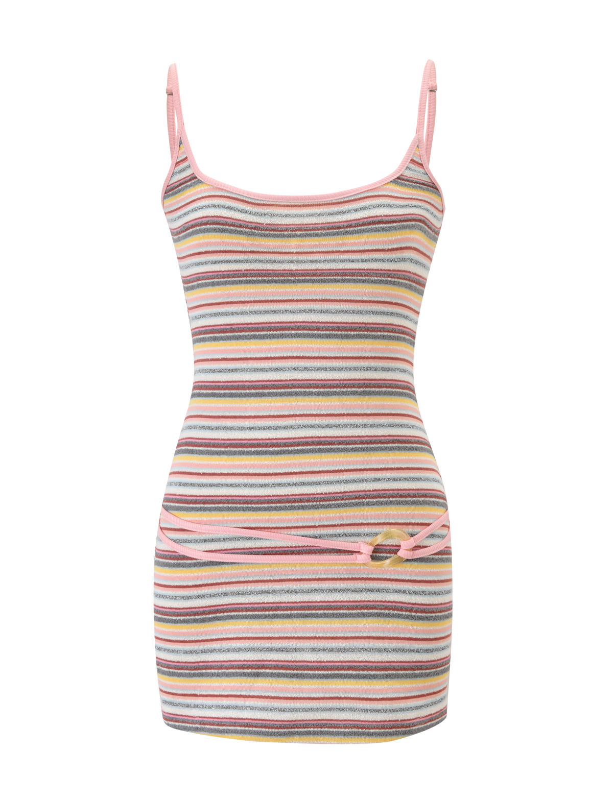 The TIGERMIST CELESTE MINI DRESS - MULTISTRIPE is a sleeveless, fitted ribbed mini dress with a colorful striped pattern, thin pink straps, and a slim pink waist belt for extra definition.