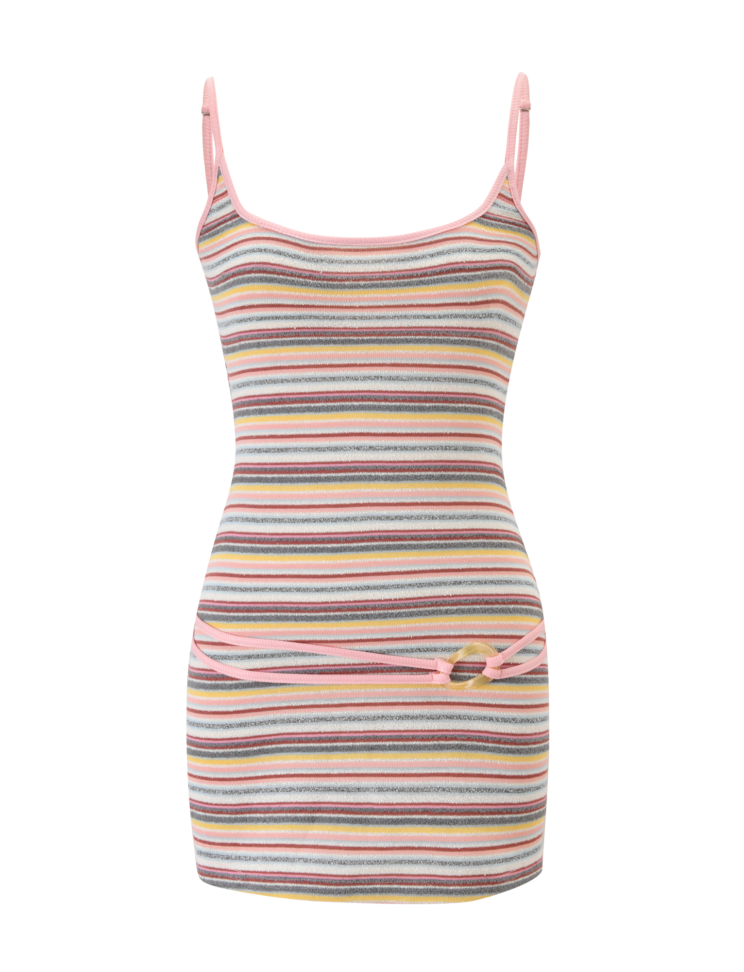 The TIGERMIST CELESTE MINI DRESS - MULTISTRIPE is a sleeveless, fitted ribbed mini dress with a colorful striped pattern, thin pink straps, and a slim pink waist belt for extra definition.