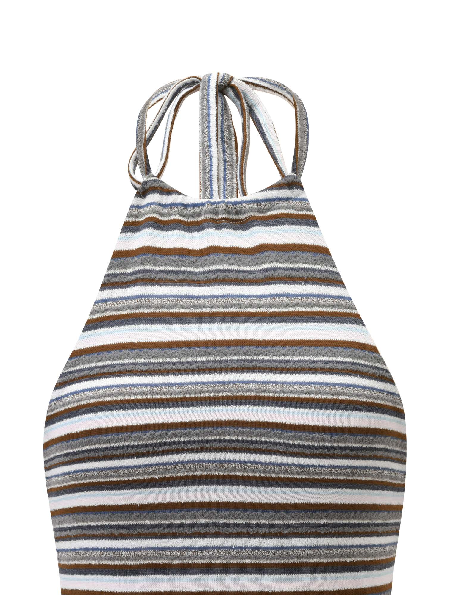 A close-up of the TIGERMIST DILLON HALTER TOP in blue and brown stripes, featuring thin neck ties and horizontal shades of gray, brown, white, and blue against a plain background.