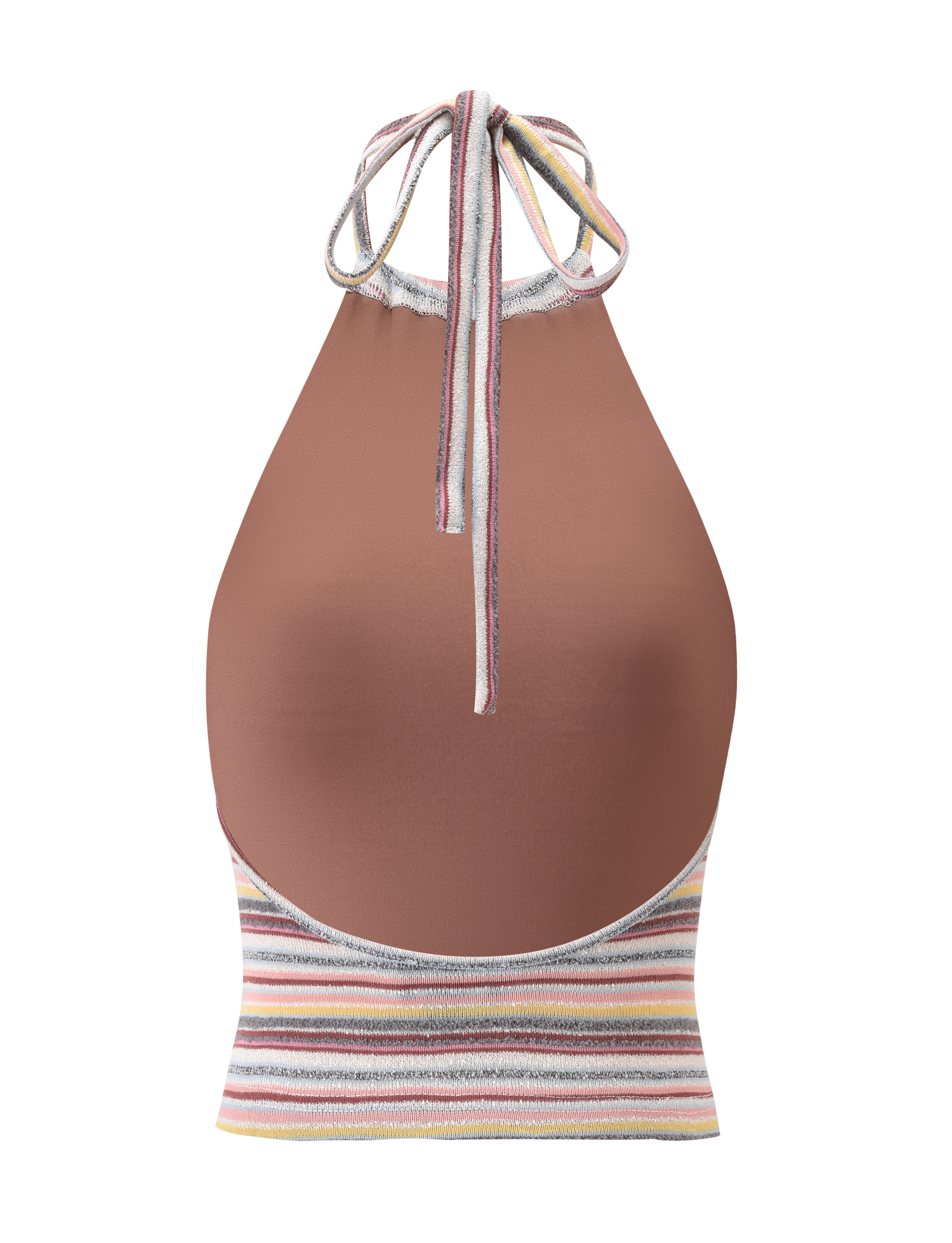 The TIGERMIST DILLON TOP - MULTISTRIPE is a solid brown high neck halter with a back-tie strap and a multicolour horizontal striped band at the bottom.