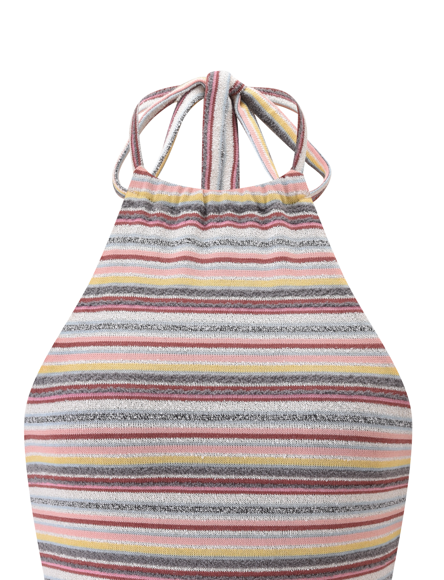 Close-up of the TIGERMIST DILLON TOP - MULTISTRIPE, a halter top featuring a high neck and multicolored horizontal stripes in pink, yellow, gray, and white.