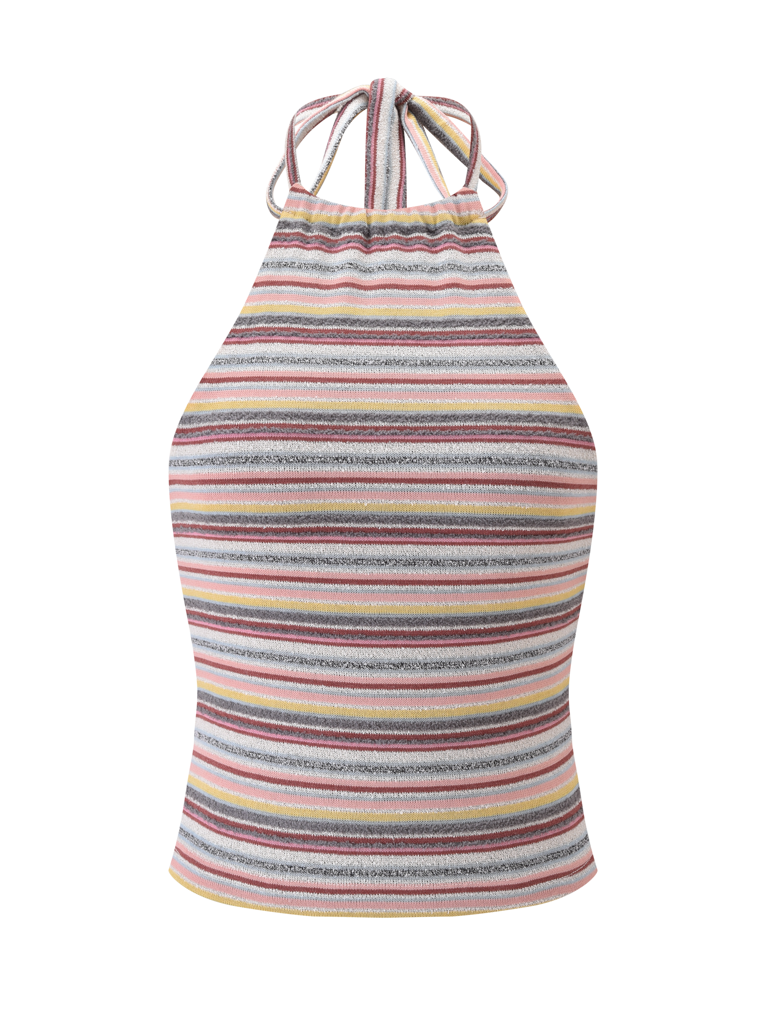 The DILLON TOP - MULTISTRIPE by TIGERMIST is a striped halter with thin pink, yellow, white, gray, and black lines, a high neck tie, and a fitted, slightly flared shape.