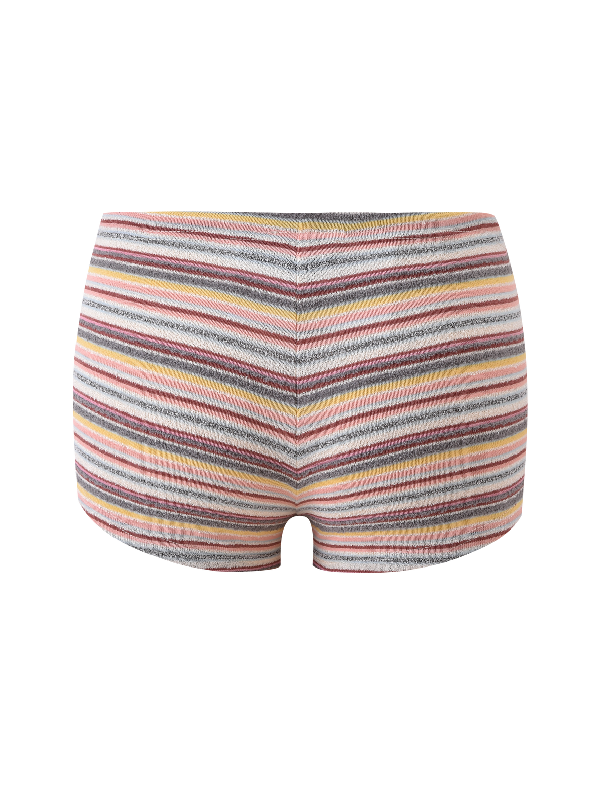The TIGERMIST DILLON SHORT - MULTISTRIPE features colorful pink, orange, yellow, gray, and white stripes with a comfy drawstring waist—perfect everyday micro mini shorts shown on a plain white background.