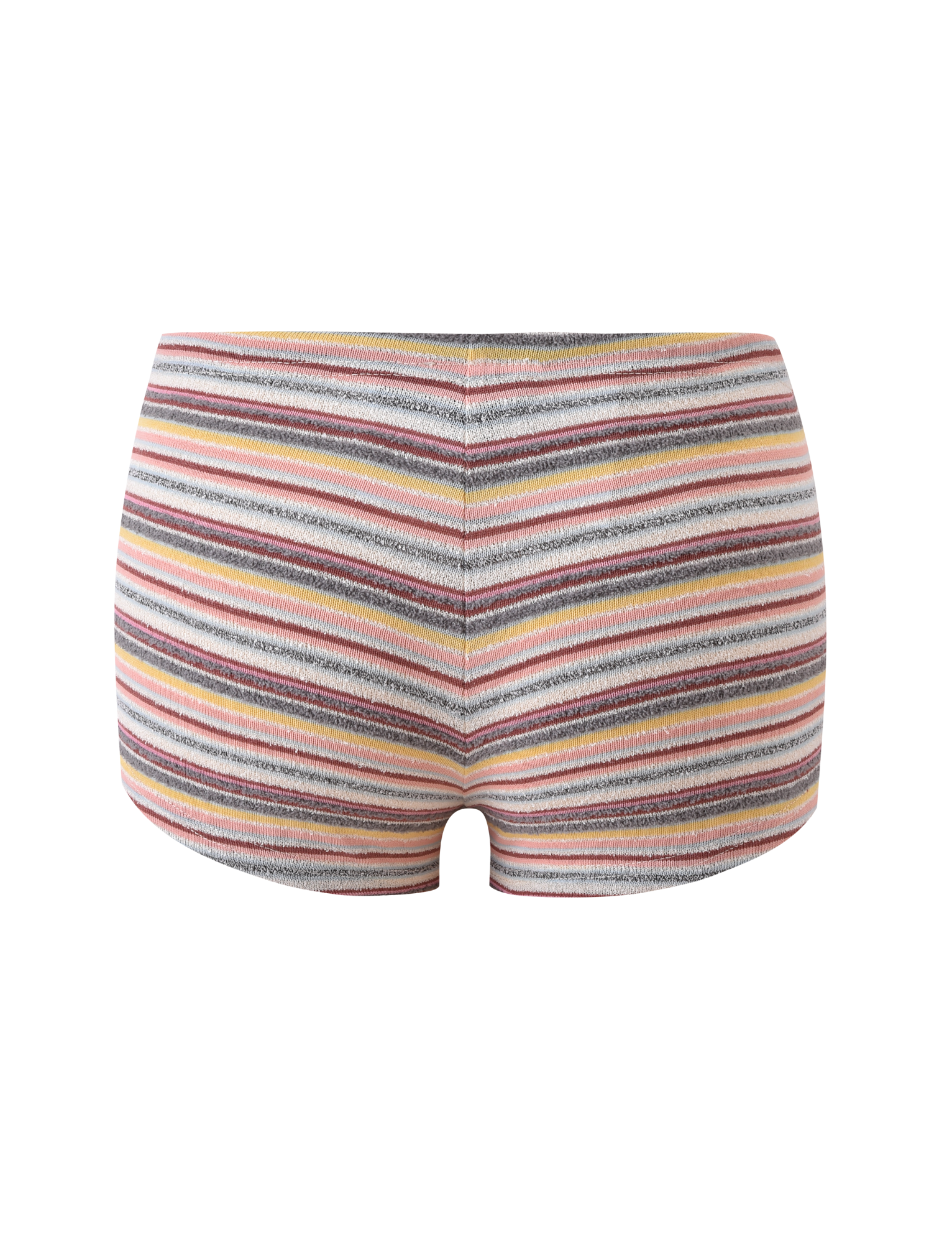 The TIGERMIST DILLON SHORT - MULTISTRIPE features colorful pink, orange, yellow, gray, and white stripes with a comfy drawstring waist—perfect everyday micro mini shorts shown on a plain white background.