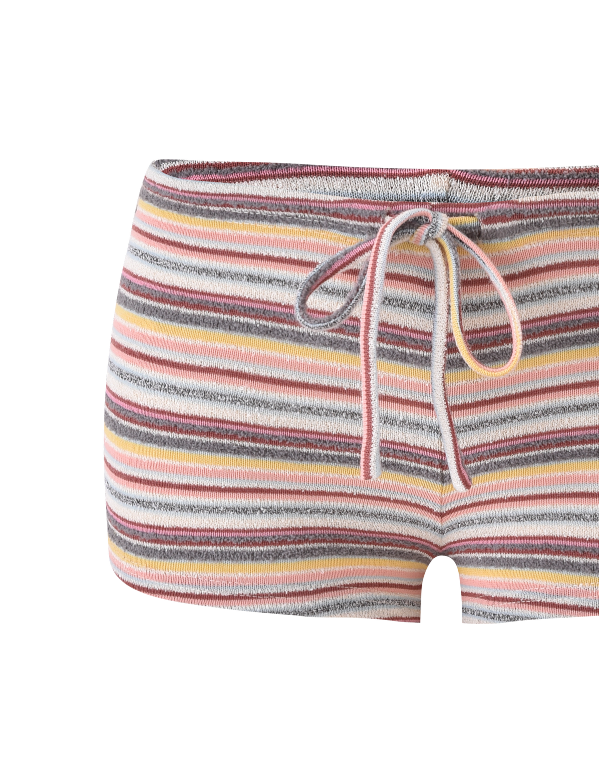 The TIGERMIST DILLON SHORT - MULTISTRIPE are comfy knit micro mini shorts with a drawstring waistband and horizontal stripes in pink, yellow, grey, and white on a plain white background.