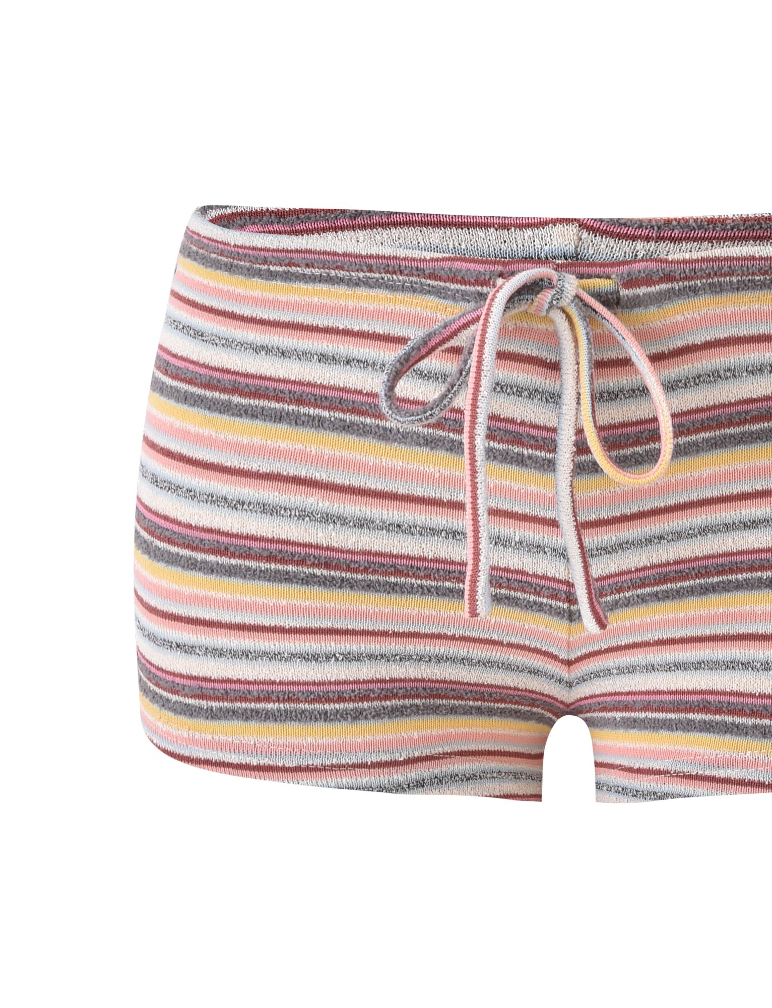 The TIGERMIST DILLON SHORT - MULTISTRIPE are comfy knit micro mini shorts with a drawstring waistband and horizontal stripes in pink, yellow, grey, and white on a plain white background.