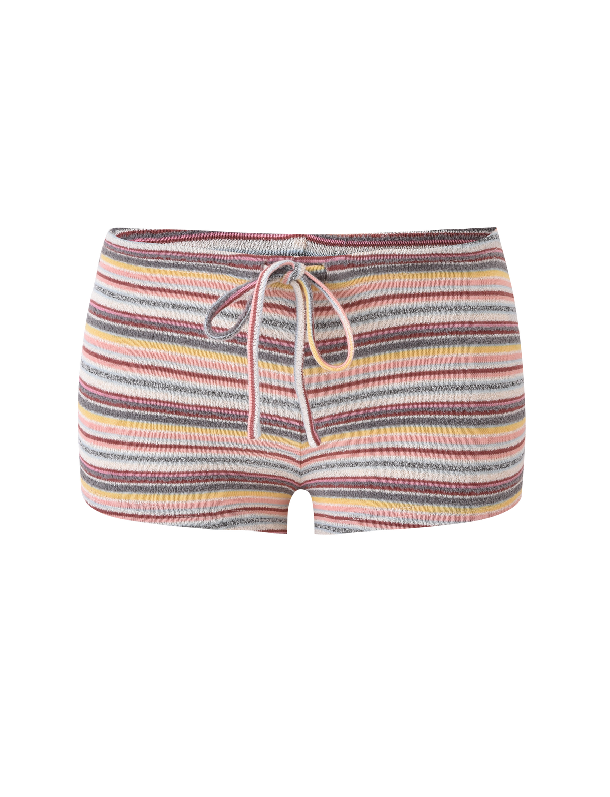 The TIGERMIST DILLON SHORT - MULTISTRIPE are comfy knit micro mini shorts with a drawstring waistband and playful pink, yellow, gray, and white horizontal stripes on a plain white background—perfect for everyday wear.