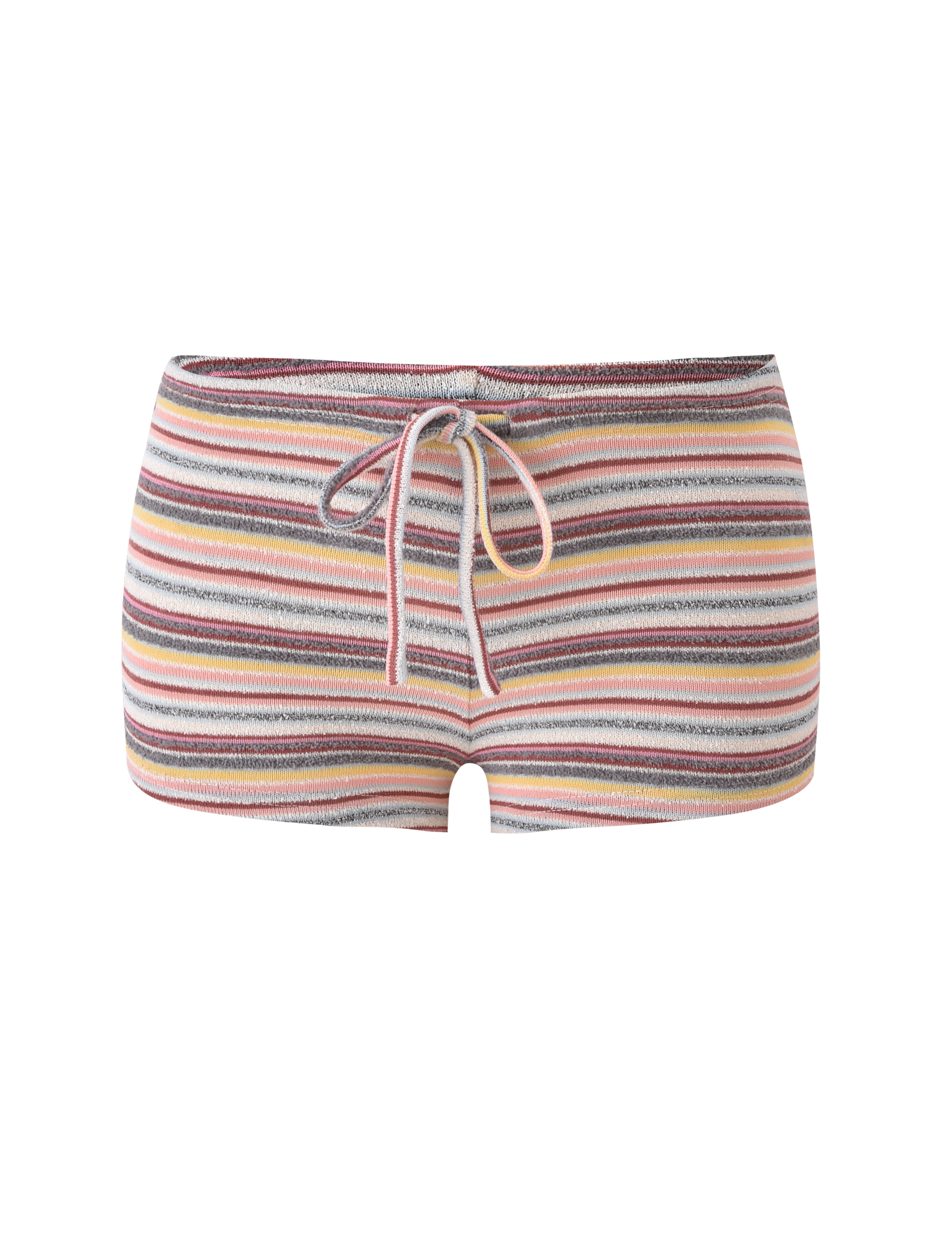The TIGERMIST DILLON SHORT - MULTISTRIPE are comfy knit micro mini shorts with a drawstring waistband and playful pink, yellow, gray, and white horizontal stripes on a plain white background—perfect for everyday wear.