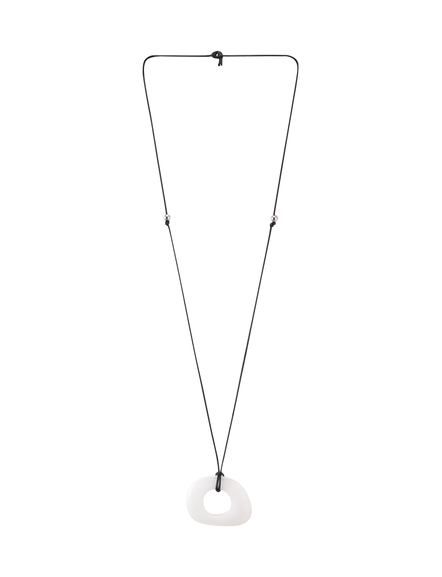 The AMYRA PENDANT NECKLACE - WHITE by TIGERMIST is a long, minimalist necklace with a white asymmetrical resin pendant and hole detail, suspended on a black waxed cord and shown against a plain white background.
