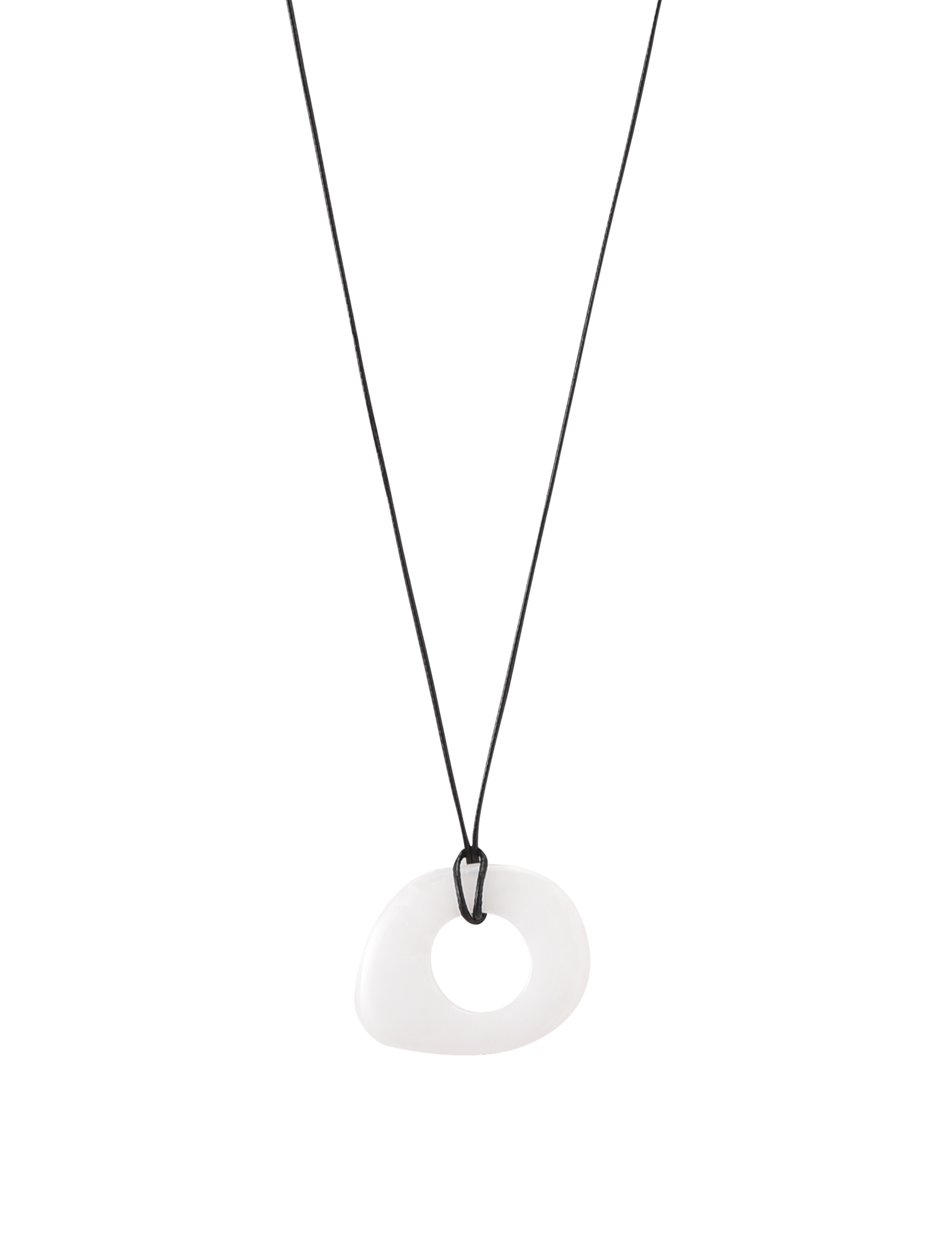 The AMYRA PENDANT NECKLACE - WHITE by TIGERMIST features a minimalist black waxed cord and an asymmetrical white resin pendant with a central hole, showcased on a plain white background.