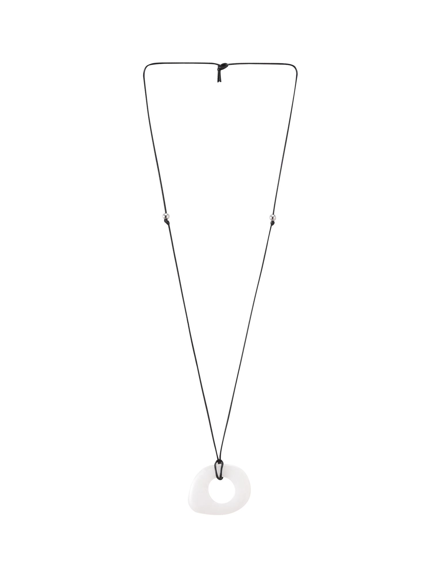 The TIGERMIST AMYRA PENDANT NECKLACE - WHITE features a smooth, white, asymmetrical resin donut-shaped pendant on a waxed cord with an adjustable knot for a minimalist look.