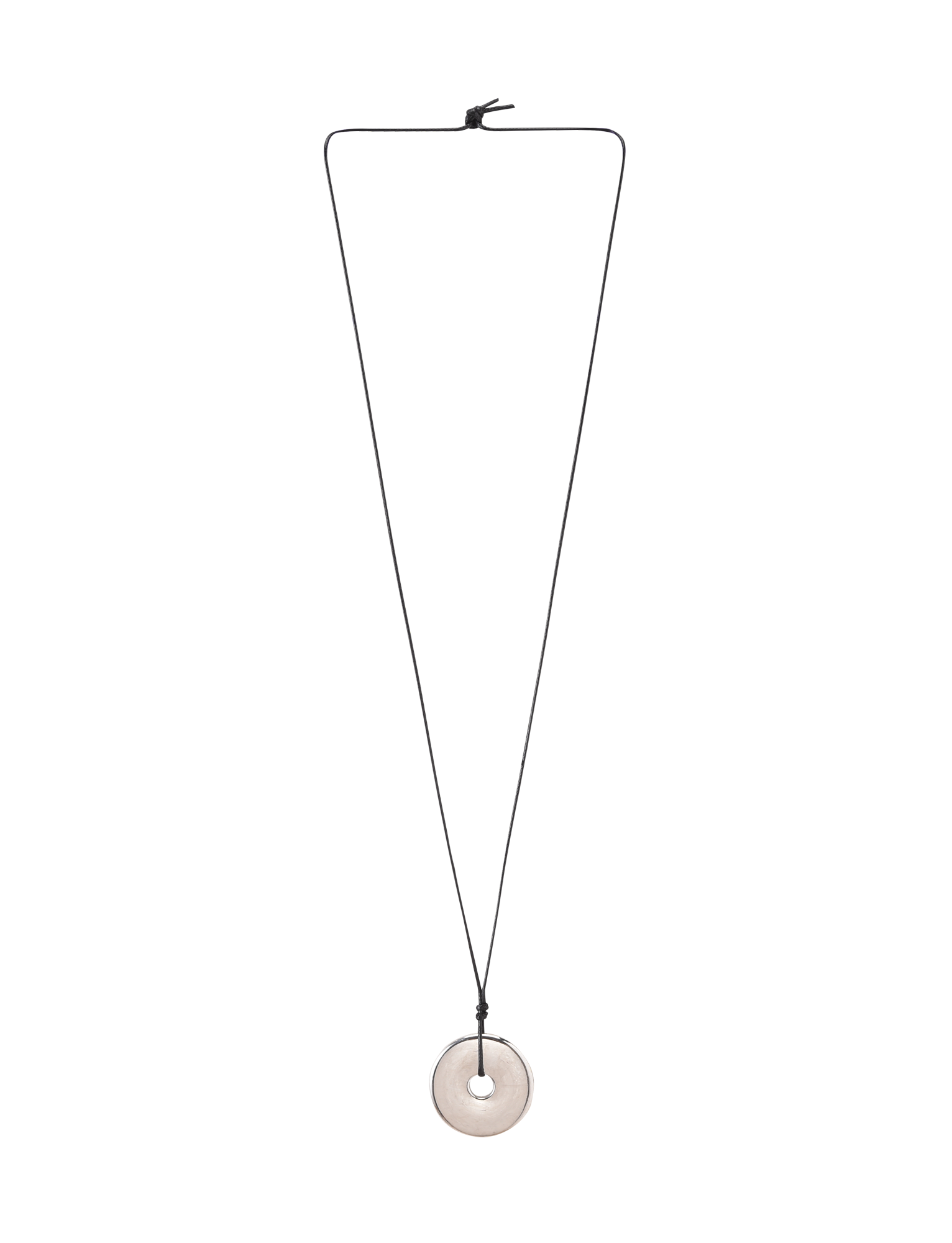 The TIGERMIST AIFE PENDANT NECKLACE - SILVER features a black adjustable cord with a light circular pendant, tied at the top and displaying a small central hole, shown against a plain white background.