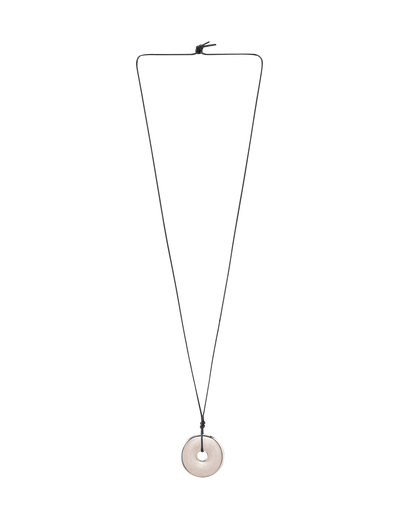 The TIGERMIST AIFE PENDANT NECKLACE - SILVER features a black adjustable cord with a light circular pendant, tied at the top and displaying a small central hole, shown against a plain white background.