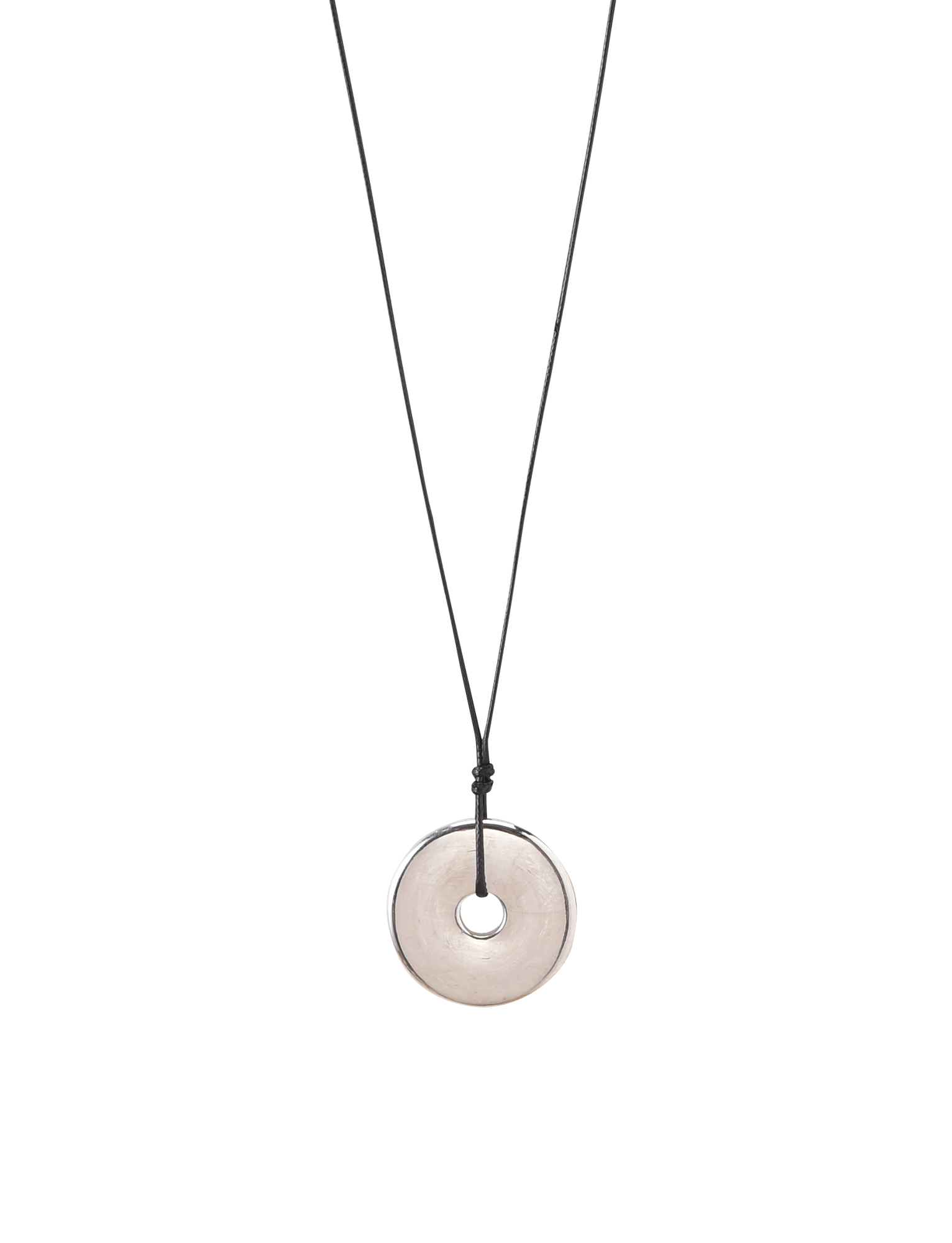 The TIGERMIST AIFE PENDANT NECKLACE - SILVER features a minimalist design with an adjustable black cord and a round, flat, translucent pendant with a central hole, shown on a plain white background.