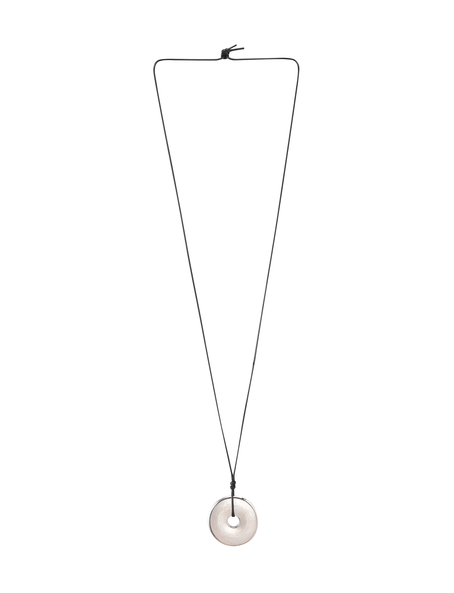 The AIFE PENDANT NECKLACE - SILVER by TIGERMIST features a minimalist design with a black adjustable cord and a round, light stone pendant with a central hole, shown against a plain white background.