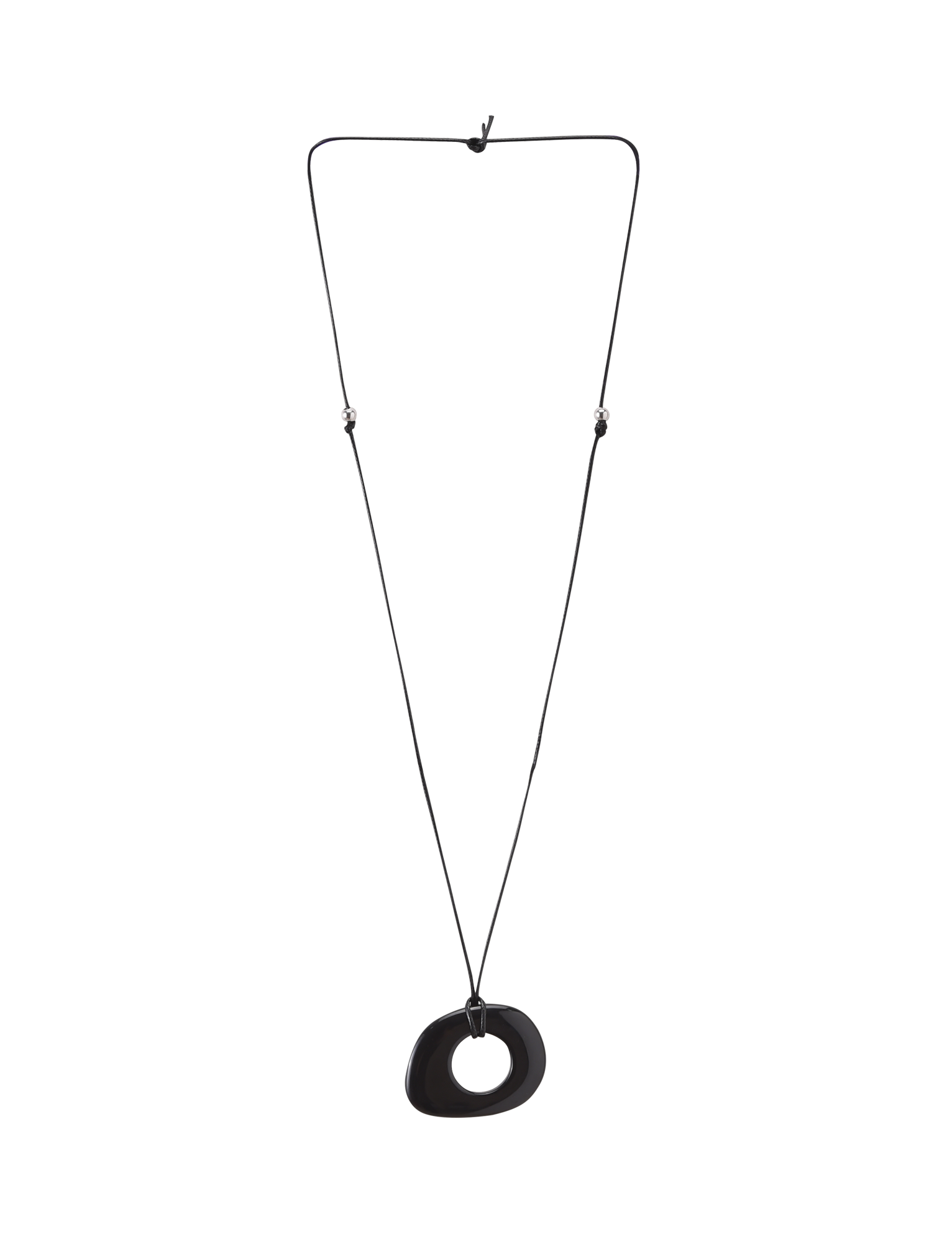 The FAELLA PENDANT NECKLACE - BLACK by TIGERMIST features a minimalist black cord with adjustable length and an abstract, asymmetrical black resin pendant at the center, shown on a white background.