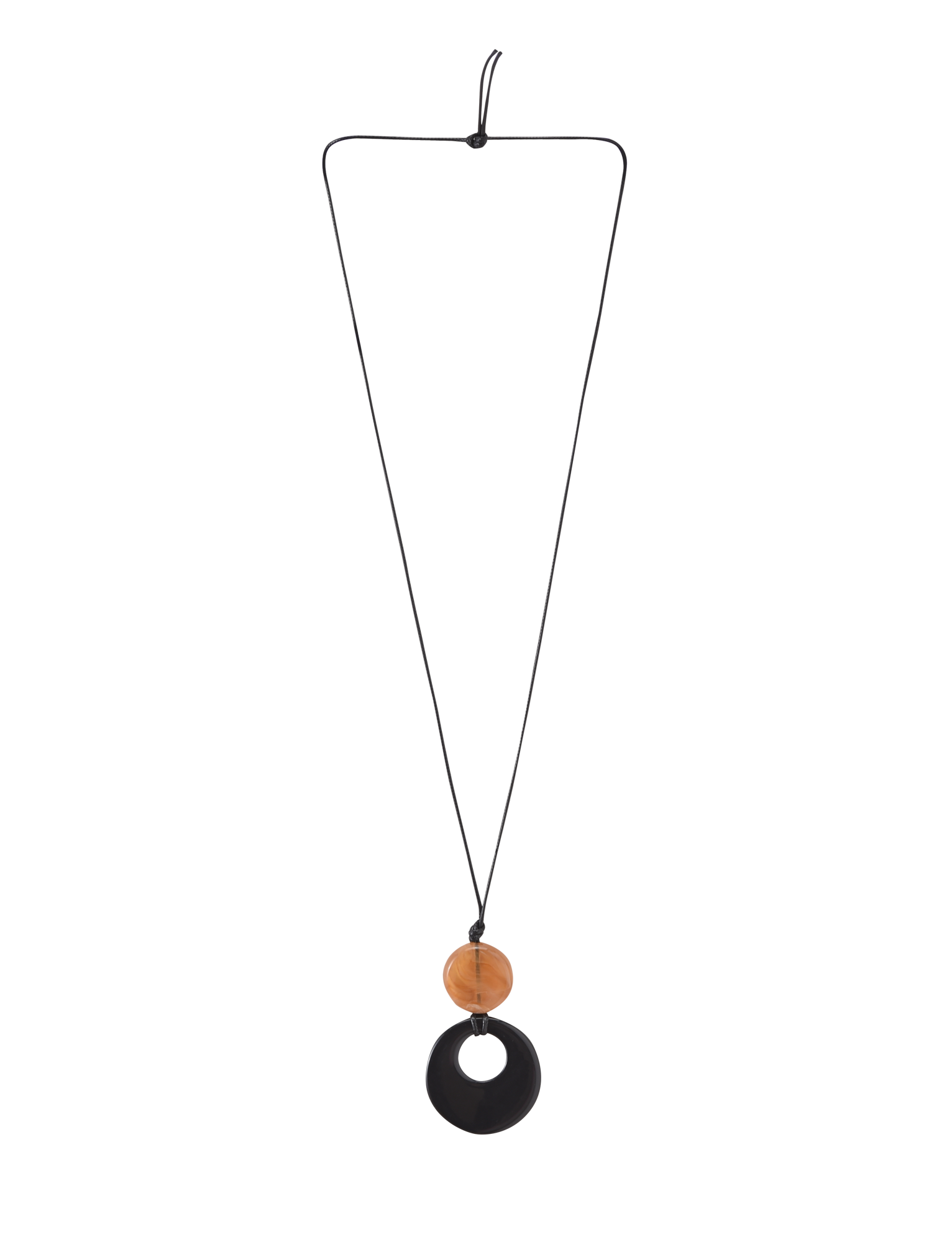 The BREYA PENDANT NECKLACE - TAN by TIGERMIST features a minimalist design with a black resin pendant and round wooden bead elegantly aligned on a long black cord.