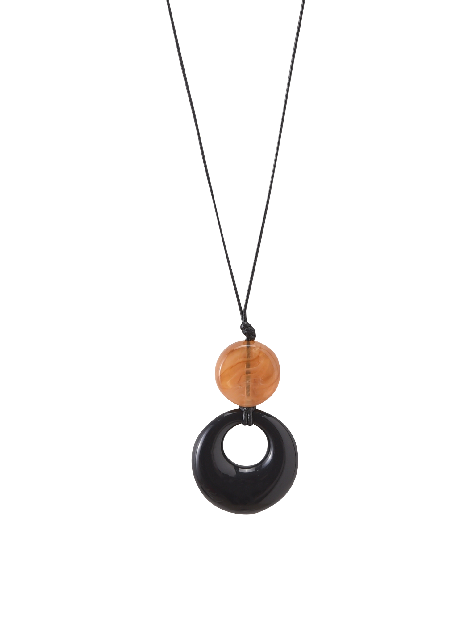 The TIGERMIST BREYA PENDANT NECKLACE - TAN features a minimalist black cord with a round, translucent tortoiseshell bead and a larger glossy black resin pendant with an open center.