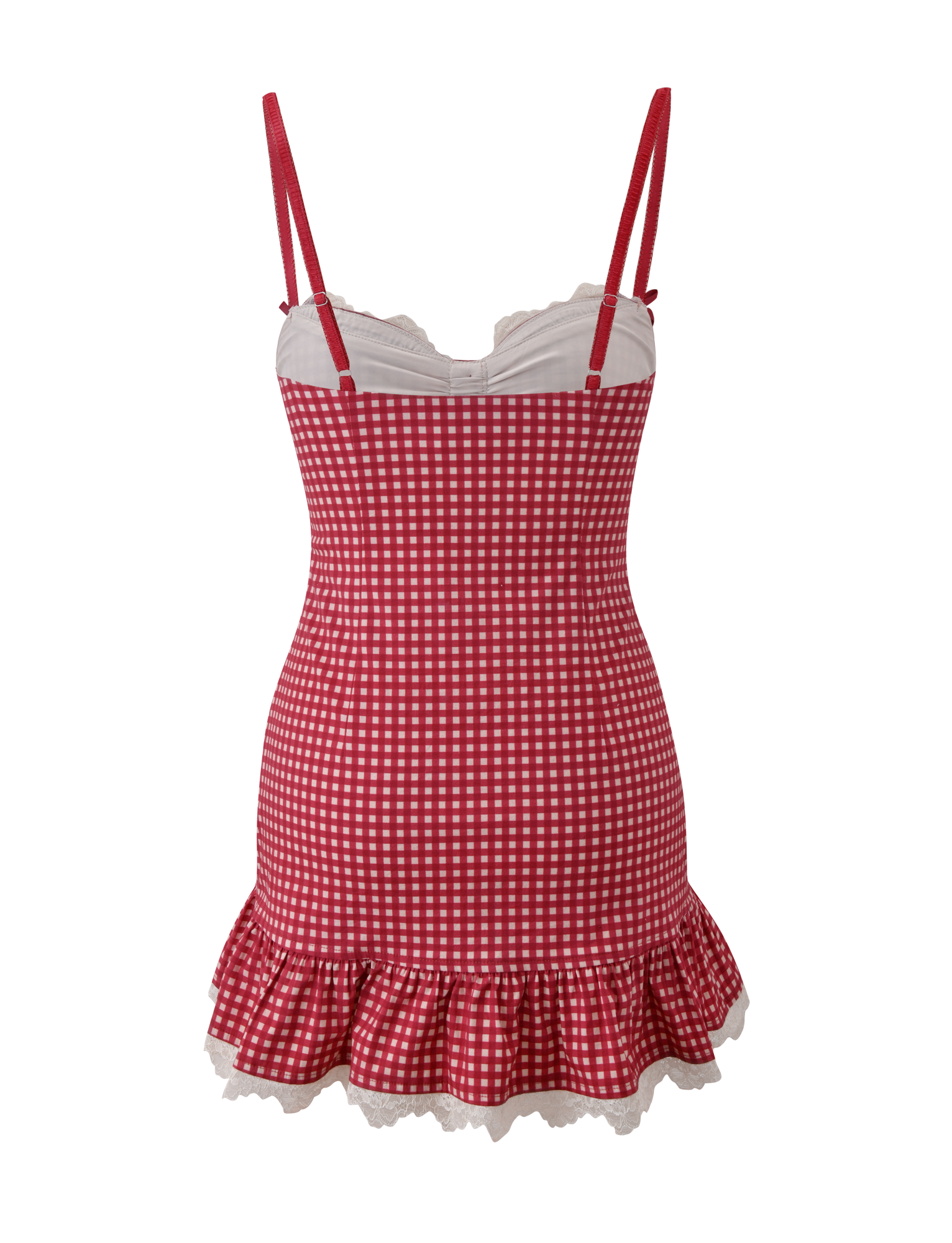 The EMMALINE MINI DRESS by TIGERMIST features a red and white gingham print, sleeveless design with spaghetti straps, fitted bodice, ruffled hem with white lace trim for a playful, vintage-inspired look.