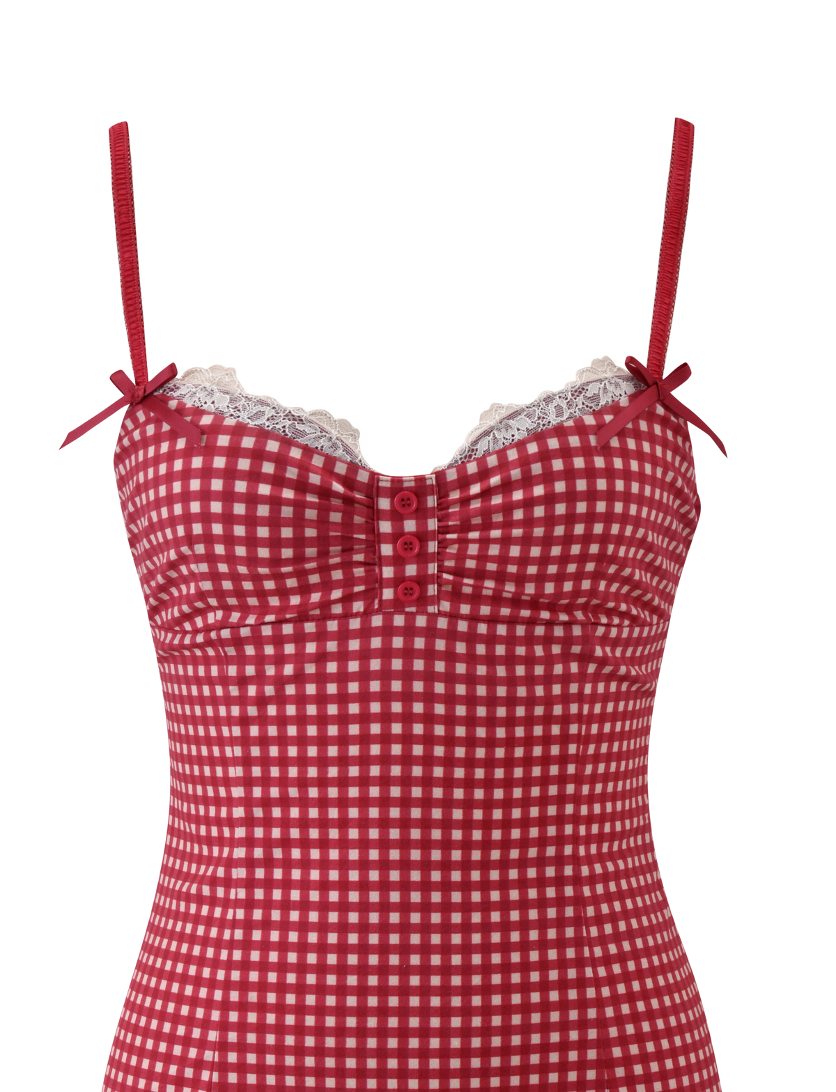 The TIGERMIST EMMALINE MINI DRESS in red gingham features a sleeveless design, thin straps with bow details, lace-trimmed neckline, and three chest buttons.