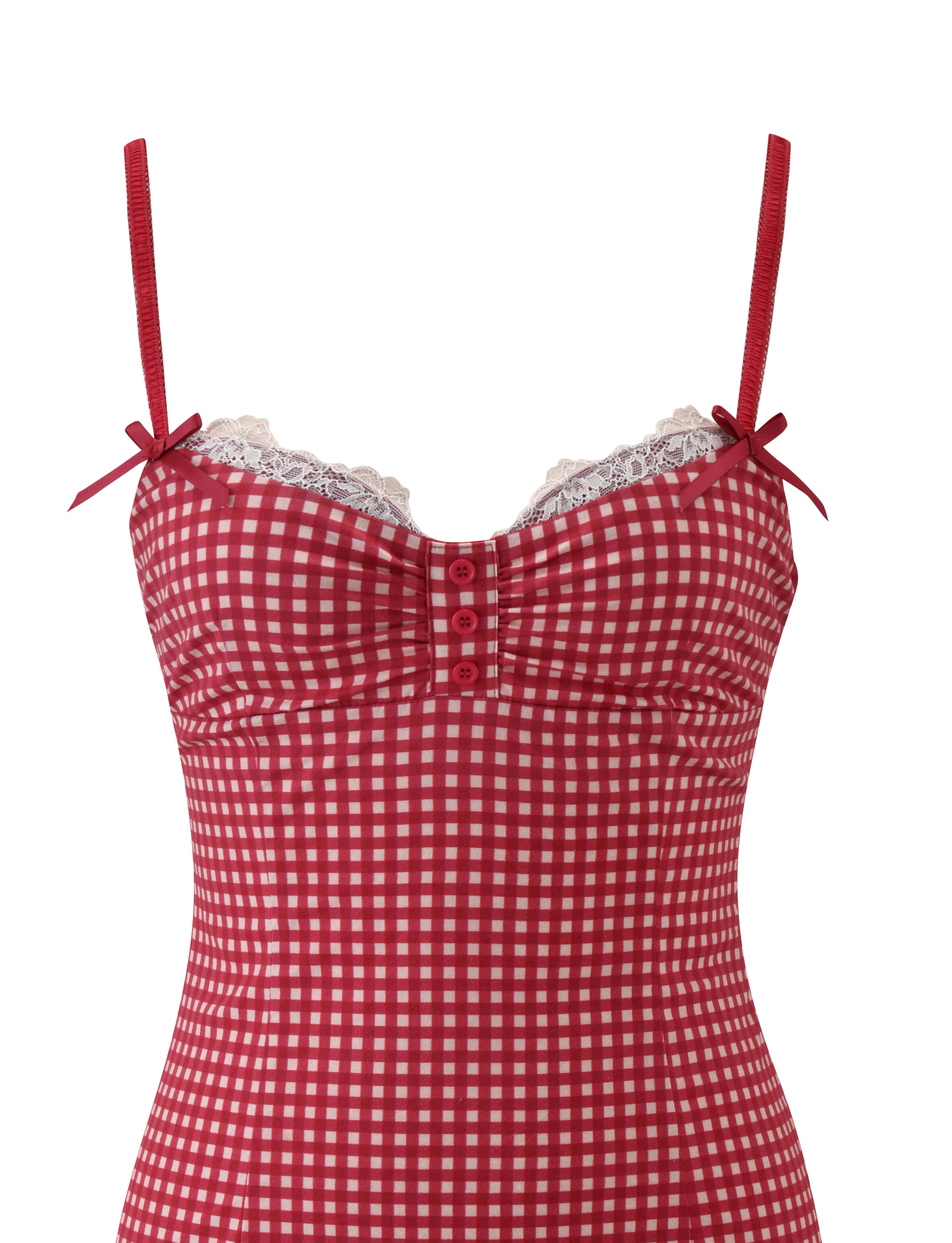 The TIGERMIST EMMALINE MINI DRESS in red gingham features a sleeveless design, thin straps with bow details, lace-trimmed neckline, and three chest buttons.