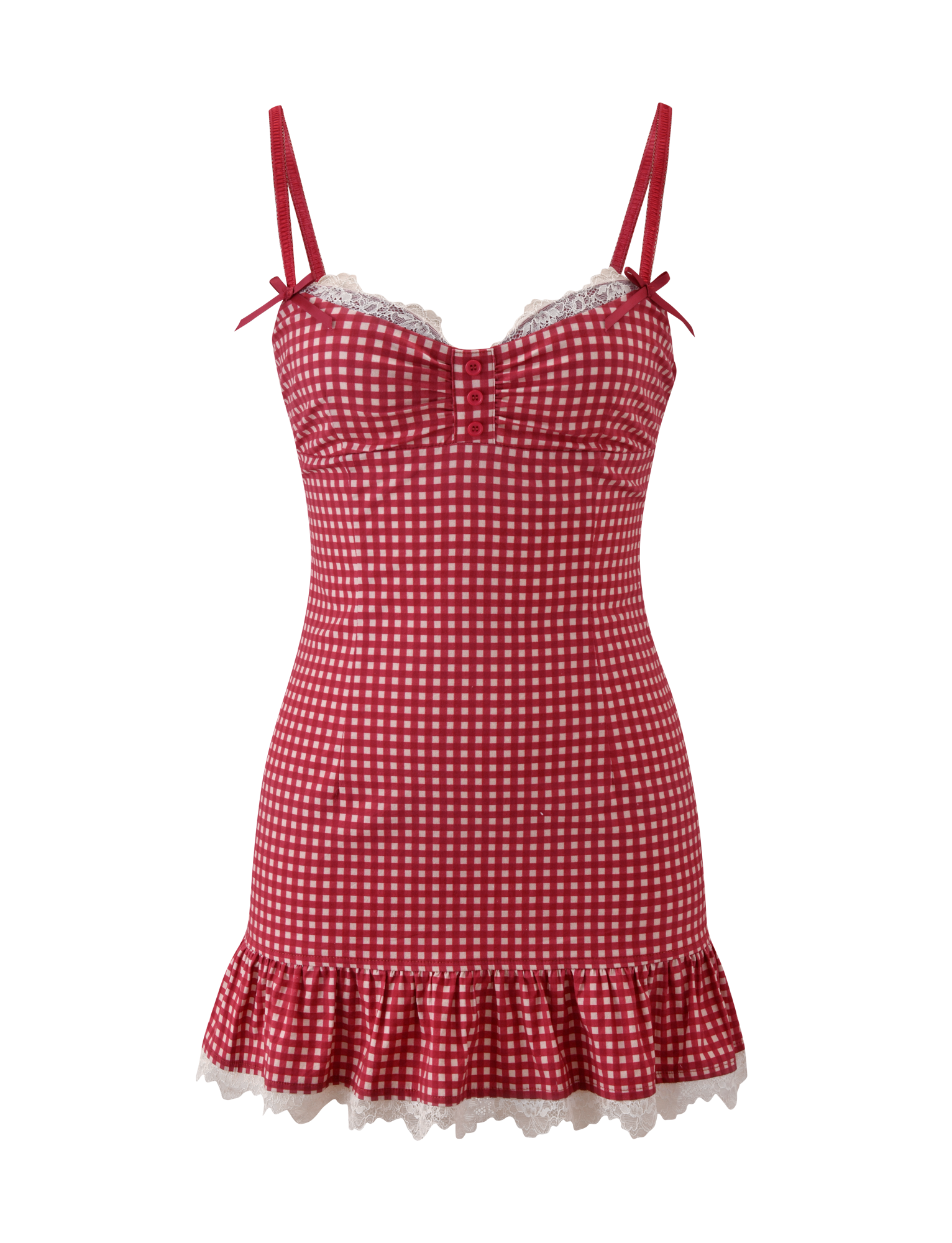 The EMMALINE MINI DRESS by TIGERMIST features a red gingham print, lace trim, spaghetti straps with small shoulder bows, button chest details, and a ruffled hem for a sweet and flirty look.
