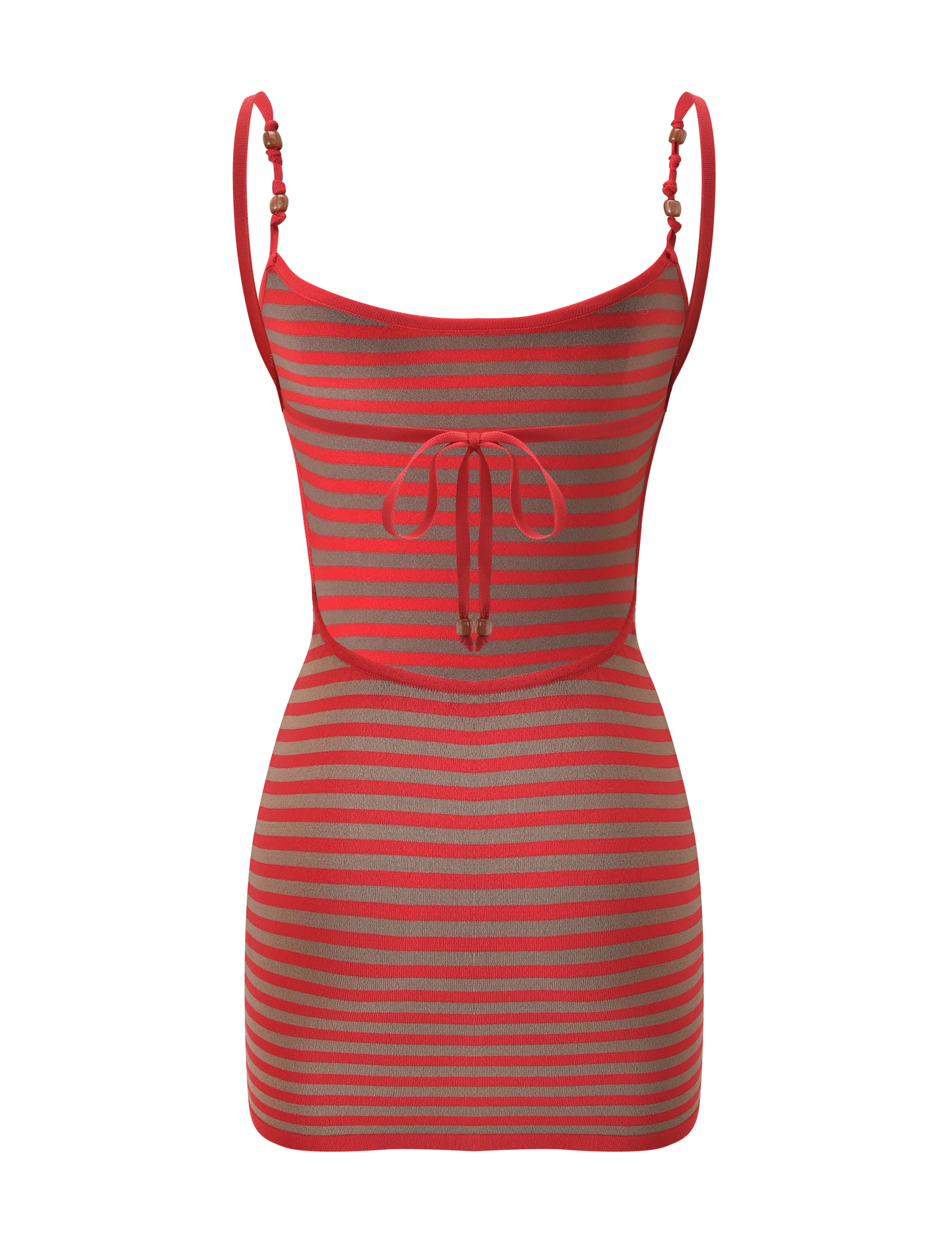 The TIGERMIST REVERIE KNIT BEADED MINI DRESS - RED MUSHROOM STRIPE is a sleeveless, fitted mini dress with red and gray stripes, thin beaded singlet straps, an adjustable bust tie, and charming decorative beads.