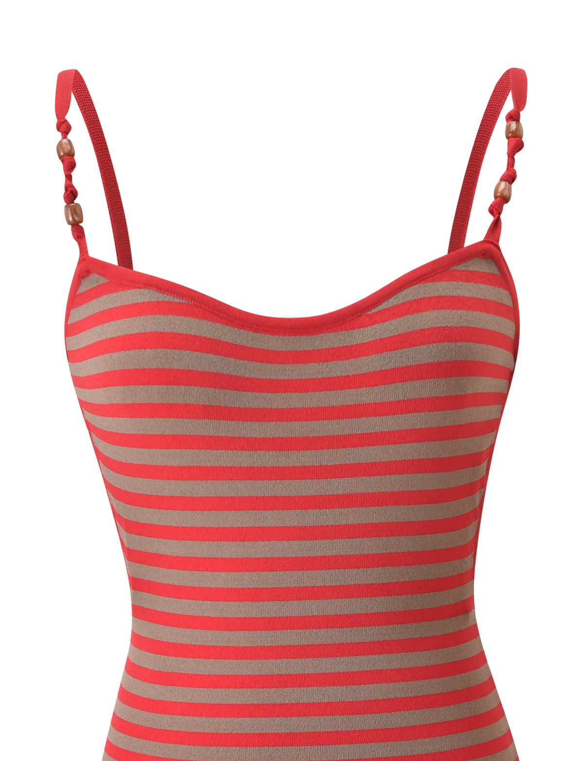 A close-up of the TIGERMIST REVERIE KNIT BEADED MINI DRESS in Red Mushroom Stripe, featuring sleeveless, beaded singlet straps and horizontal red and beige stripes, set against a plain white background.