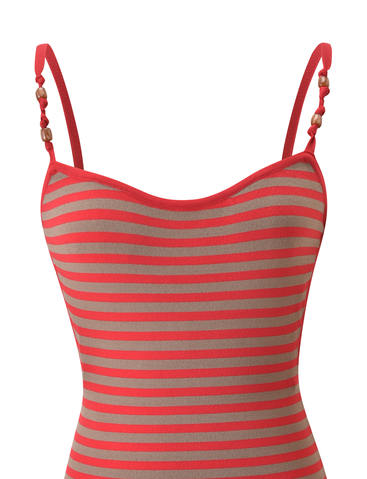 A close-up of the TIGERMIST REVERIE KNIT BEADED MINI DRESS in Red Mushroom Stripe, featuring sleeveless, beaded singlet straps and horizontal red and beige stripes, set against a plain white background.