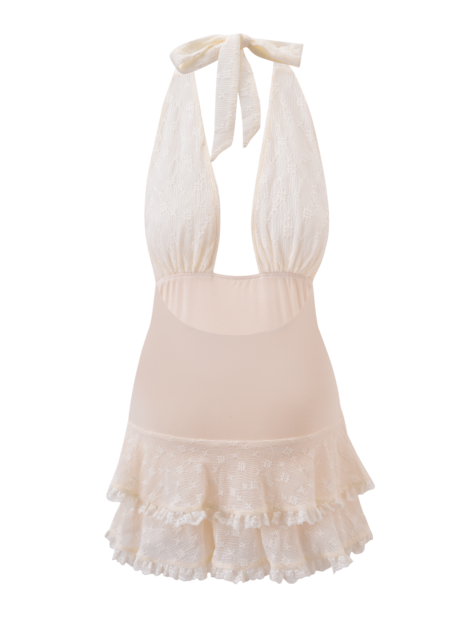The ANOUK RUFFLE MINI DRESS by TIGERMIST is a cream halter mini with lace accents, open back, ruffled tiered skirt, gathered fabric top, and elegant neck ties for a playful yet classic look.