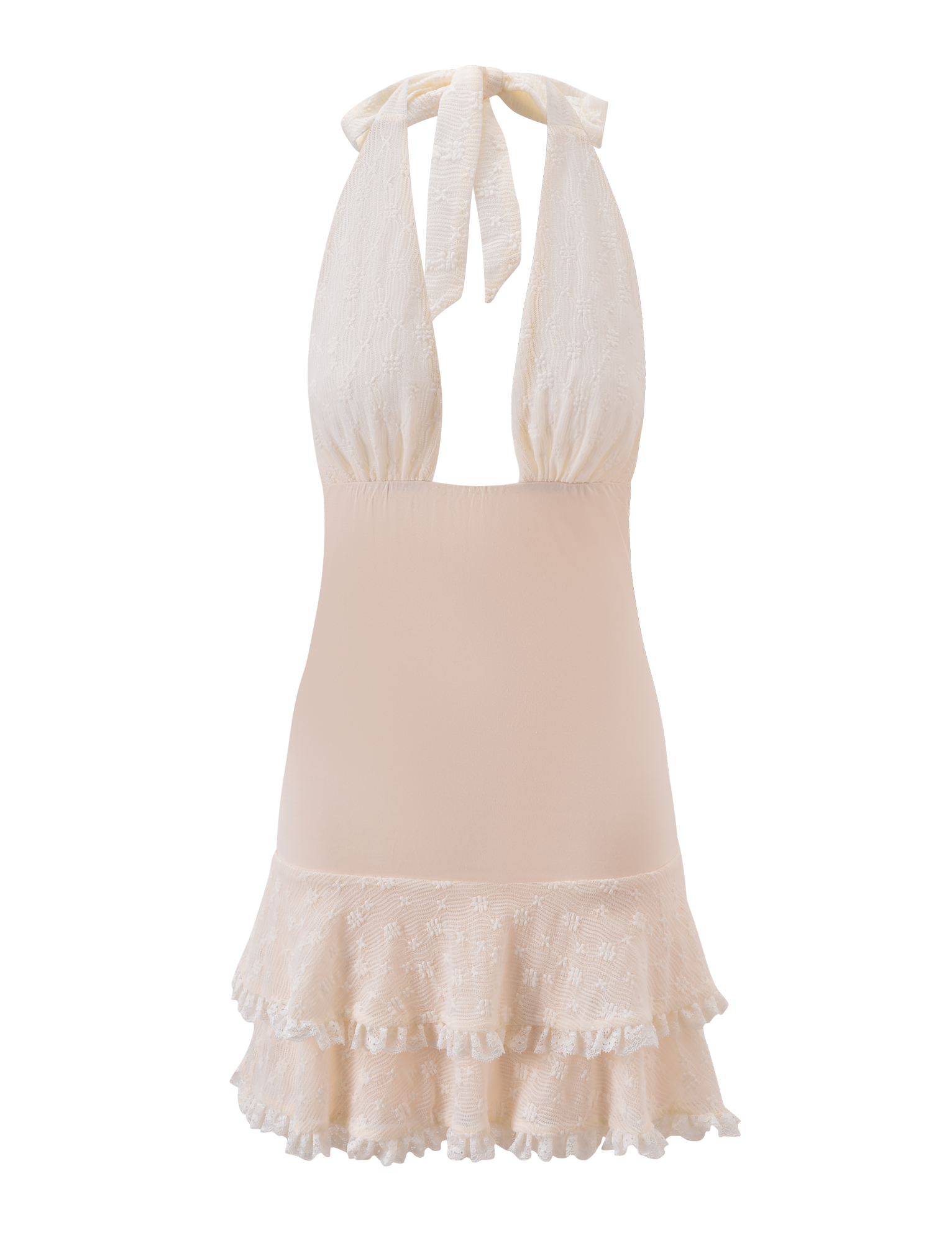 The ANOUK RUFFLE MINI DRESS by TIGERMIST is a sleeveless cream mini dress with a plunging halter neckline, tie-back straps, and fitted bodice. Its skirt features layered floral lace ruffles for a soft, feminine look.