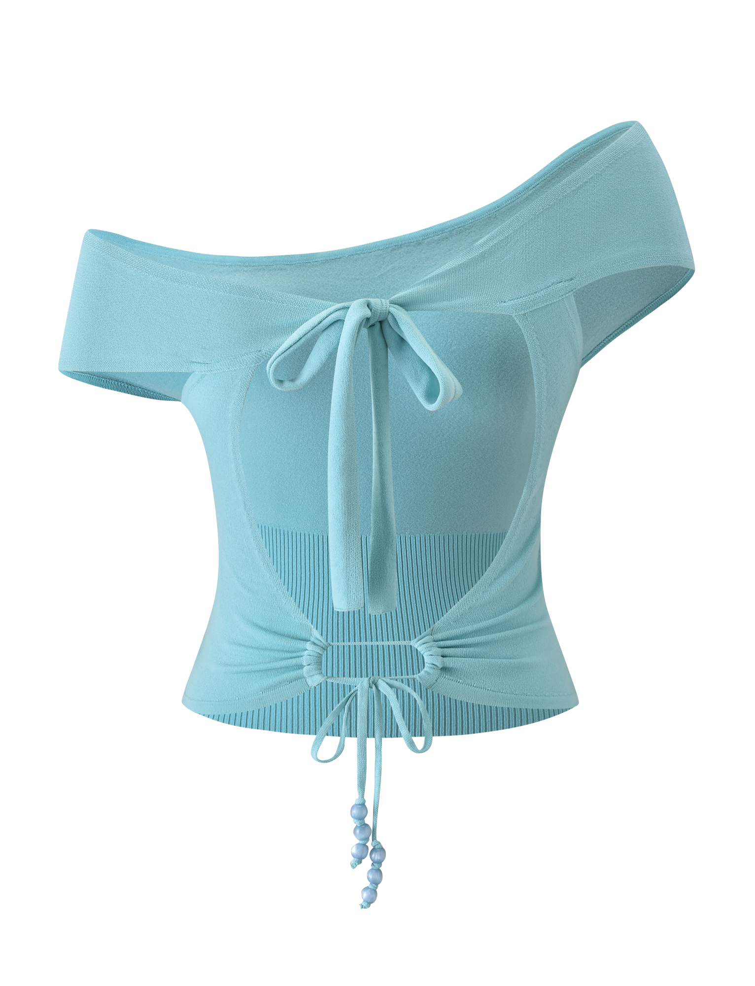 The JASMINA KNIT TOP - BLUE by TIGERMIST features a light blue, off-shoulder design with an asymmetrical neckline, front tie detail at the bust and waist, and small beads on the lower tie.
