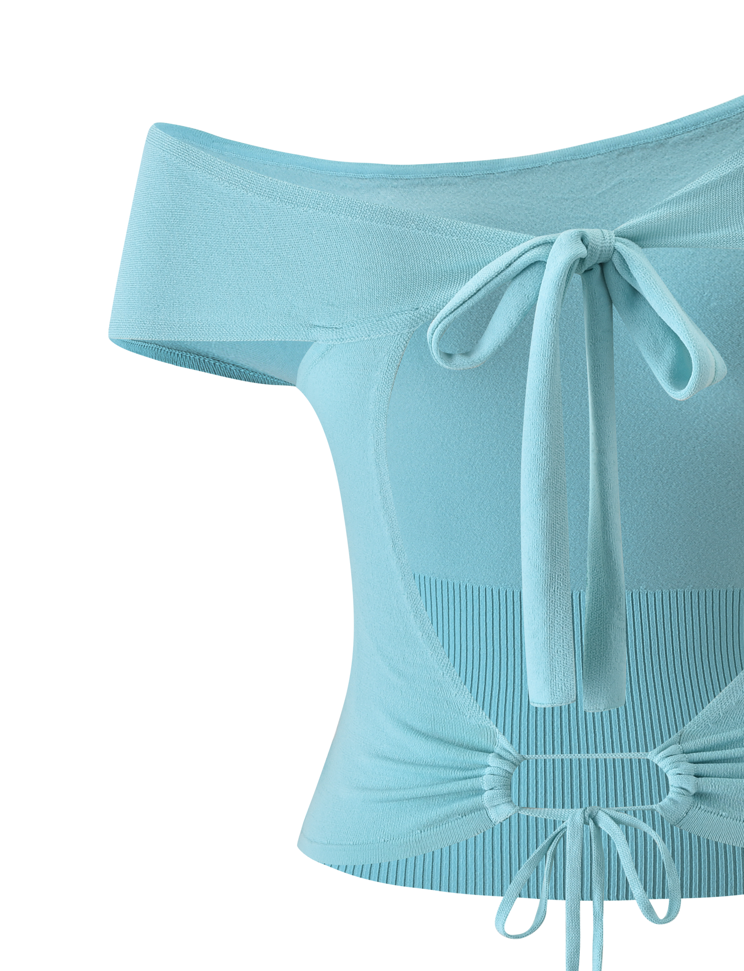 The JASMINA KNIT TOP - BLUE by TIGERMIST is a light blue off-shoulder knit top featuring a wide neckline, front tie at the bust, adjustable drawstring waist, and a stretchy, form-fitting silhouette for a chic look.