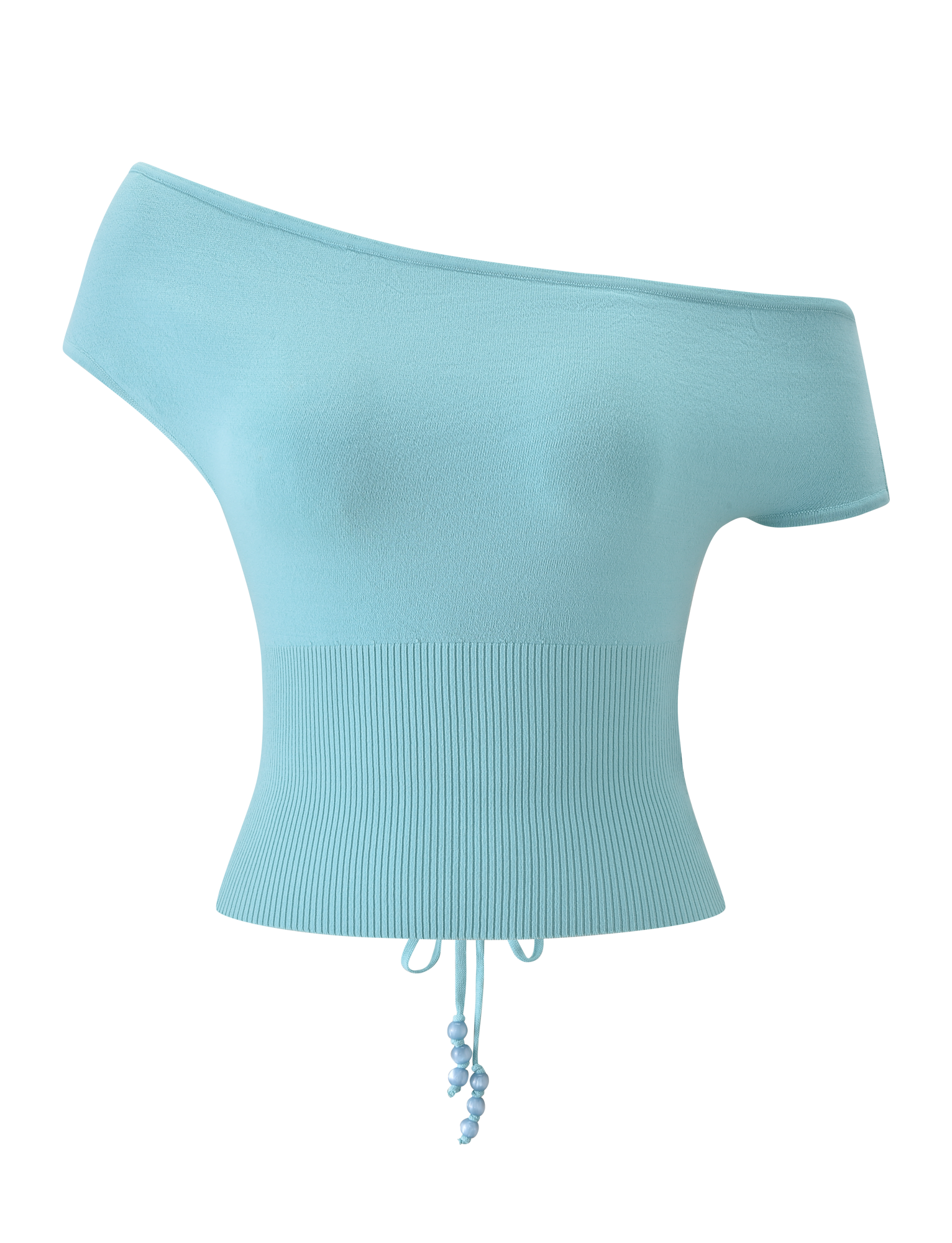 The JASMINA KNIT TOP by TIGERMIST is a light blue off-shoulder knit featuring short sleeves, an asymmetrical neckline, ribbed waist, and a blue-beaded drawstring tie at the bottom center.