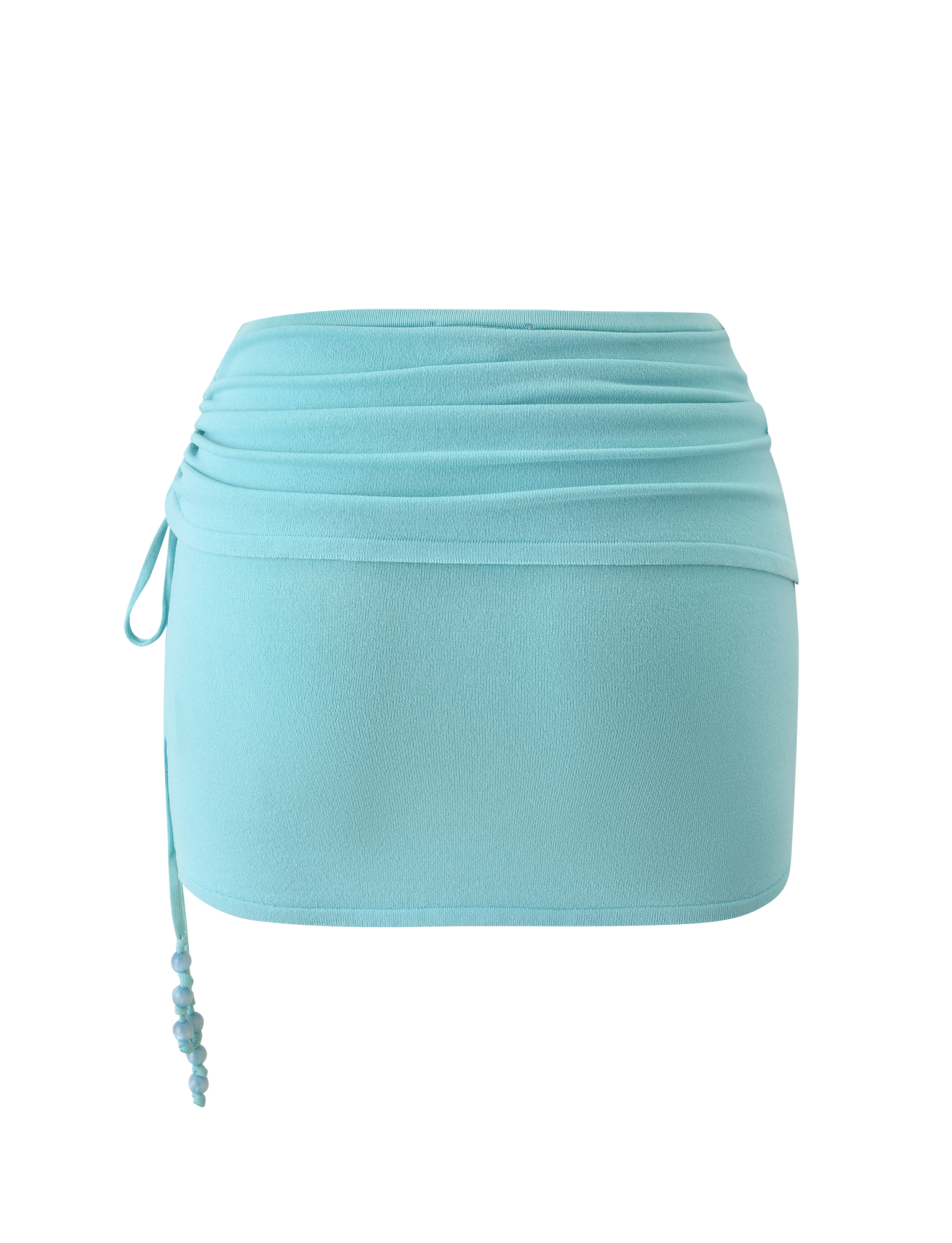 The JASMINA KNIT MINI SKIRT - BLUE by TIGERMIST features a light blue hue, ruched waistband, side drawstring with beaded detail, and a fitted silhouette for a smooth, effortlessly stylish look.