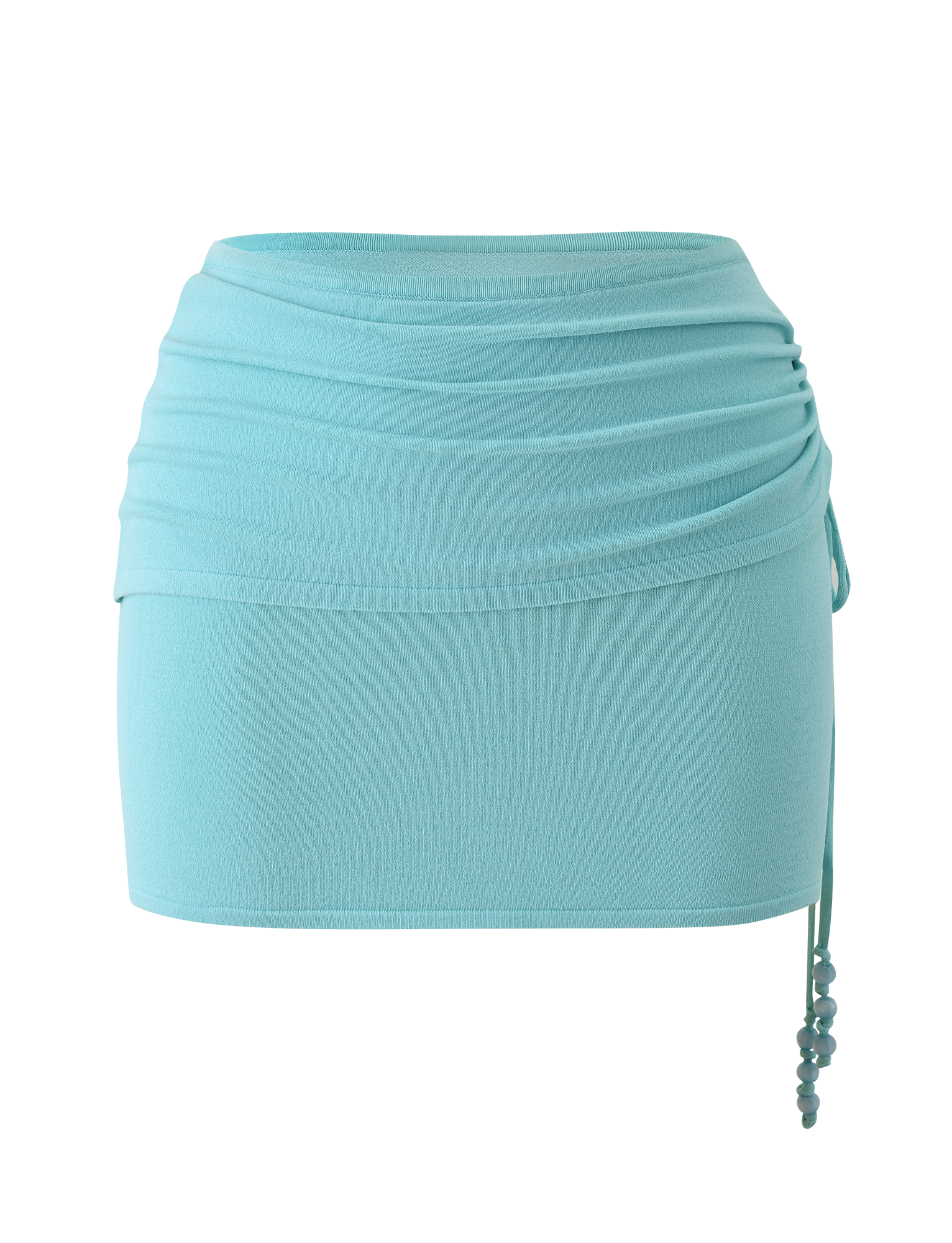 The TIGERMIST JASMINA KNIT MINI SKIRT - BLUE features a light blue knit fabric, ruched waistband, fitted silhouette, and beaded side drawstring ties, shown against a plain white background.