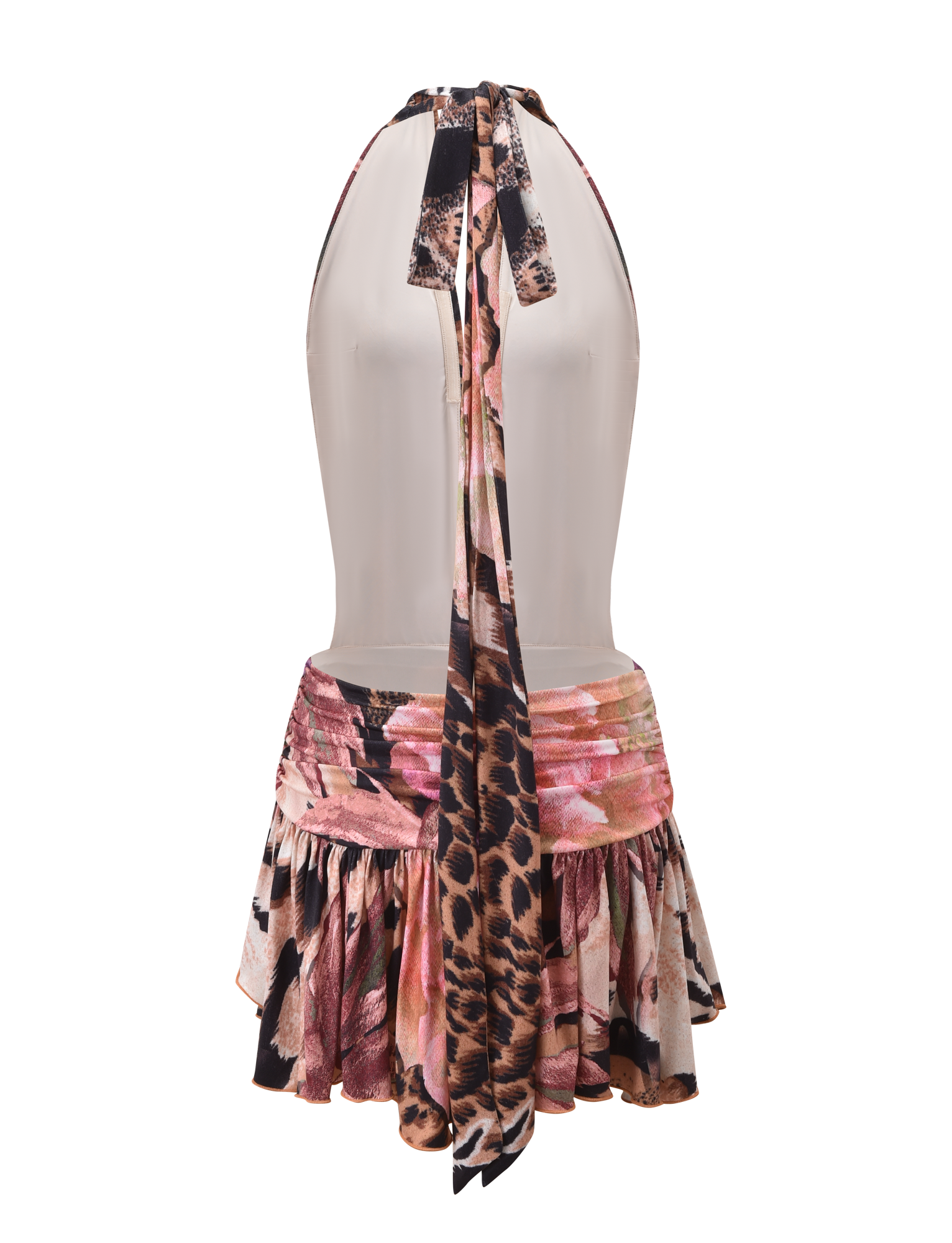 A mannequin showcases TIGERMIST's INDI HALTER SCARF DRESS - ANIMALIER FLORAL, a sleeveless mini dress with halter neck ties, a floral animal print in brown, pink, and black, a flared skirt, and a long back neck tie.