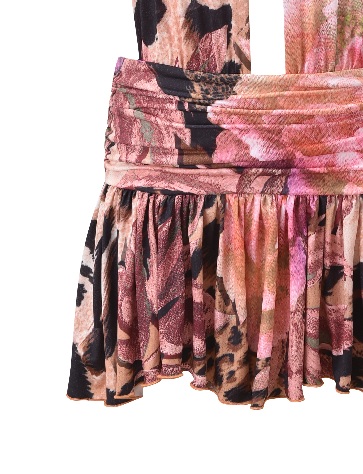 Close-up of the TIGERMIST INDI HALTER SCARF DRESS - ANIMALIER FLORAL, showcasing its pink, peach, and black floral animal print on lightweight fabric with a gathered top and softly pleated, ruffled skirt for an elegant look.