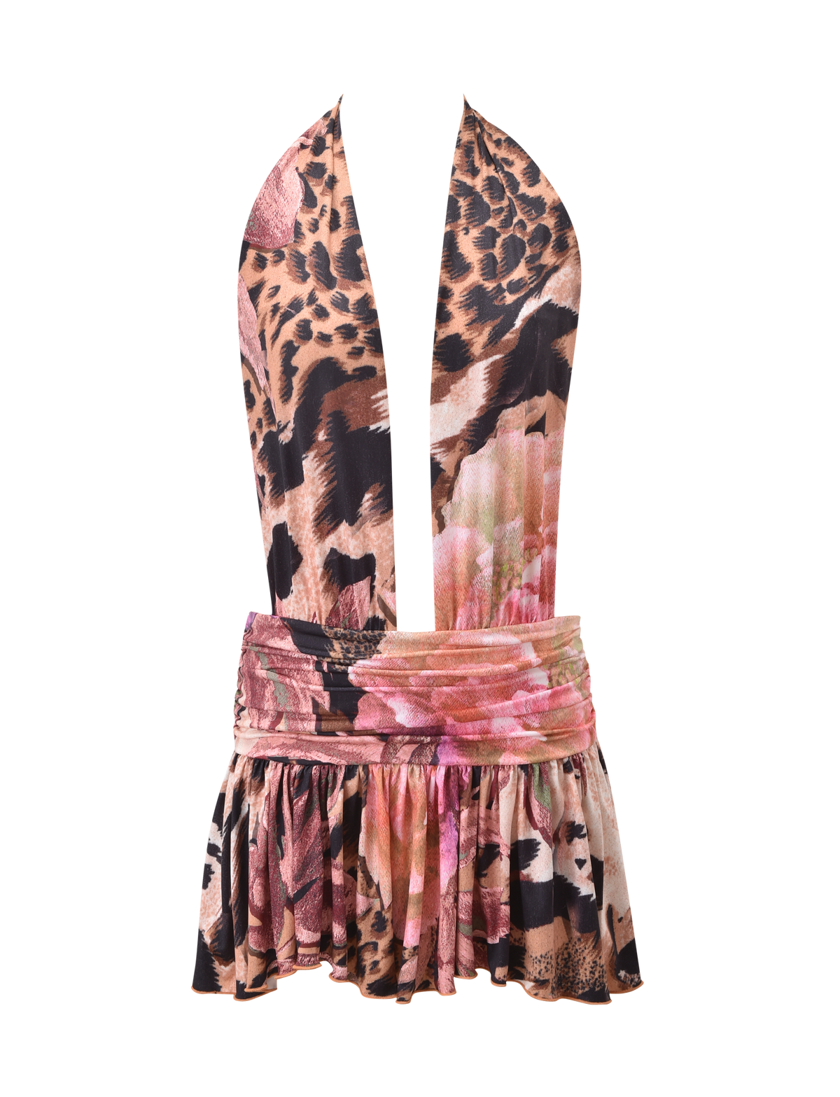 The TIGERMIST INDI HALTER SCARF DRESS - ANIMALIER FLORAL features a sleeveless halter design, deep V neckline, ruffled skirt, and wide ruched waistband in a brown, pink, and black animal floral print.