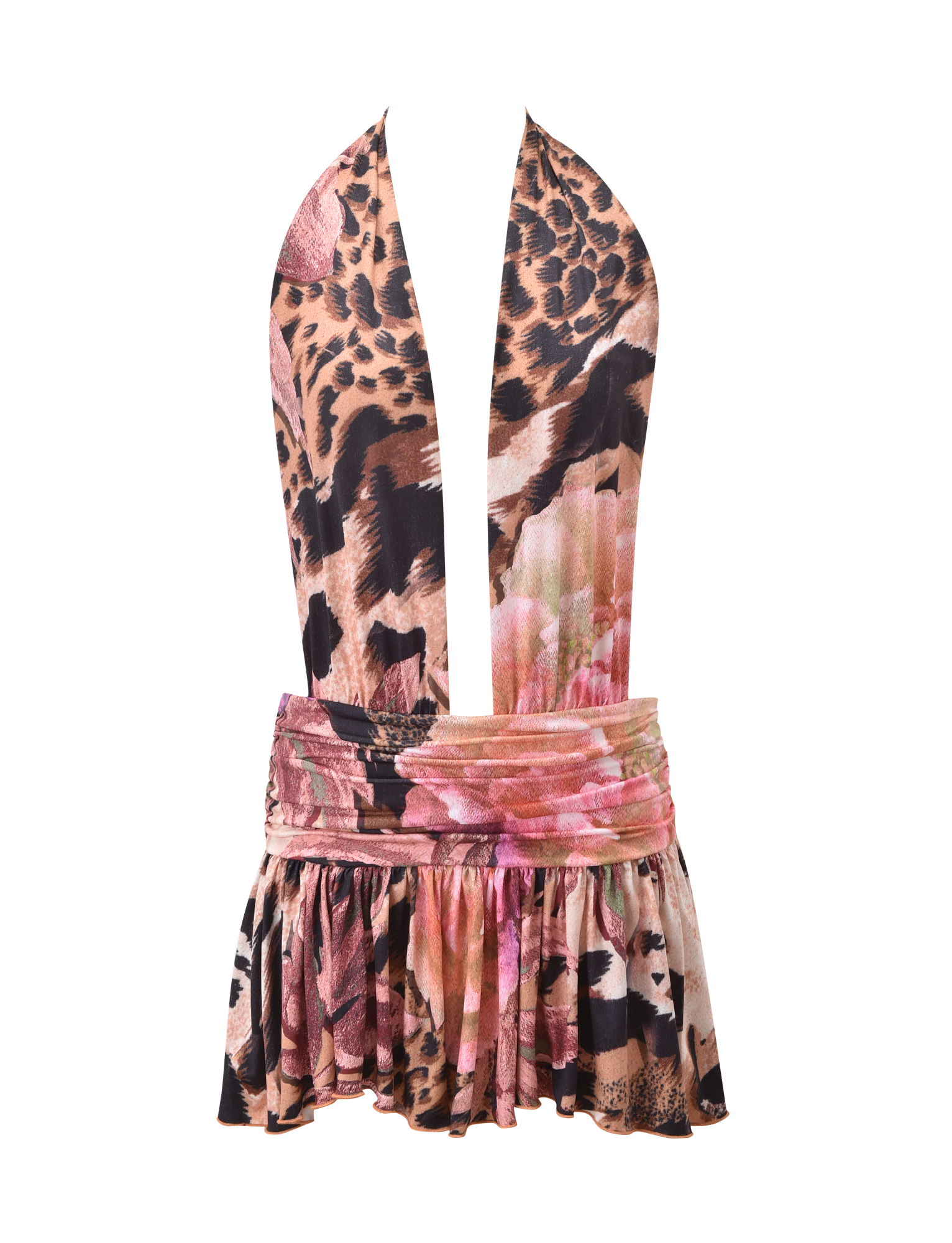The TIGERMIST INDI HALTER SCARF DRESS - ANIMALIER FLORAL features a sleeveless halter design, deep V neckline, ruffled skirt, and wide ruched waistband in a brown, pink, and black animal floral print.