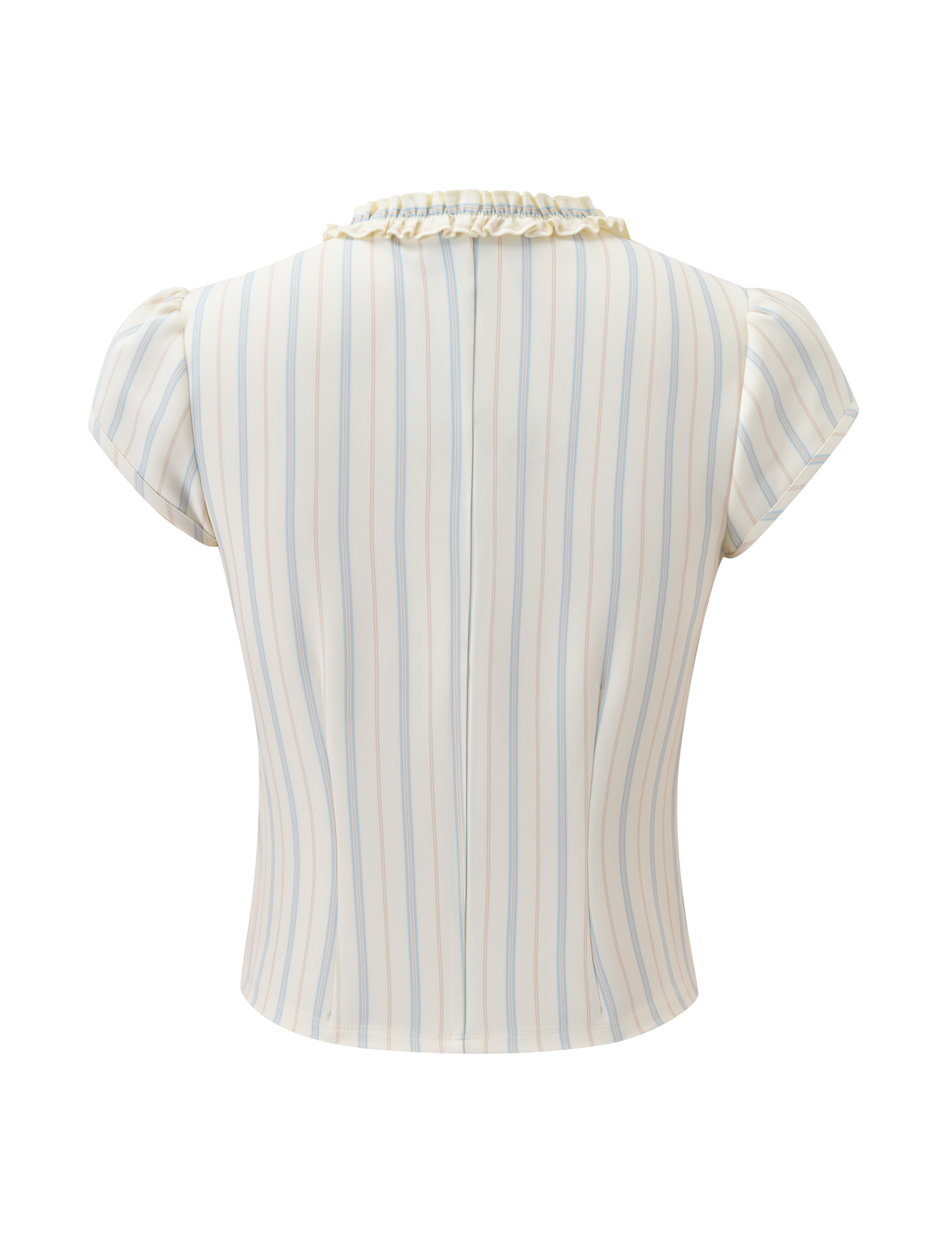 Back view of the VALERIE RUFFLE TOP - STRIPE by TIGERMIST, a short-sleeve, cream top with blue and beige vertical pinstripes, ruffled collar, and subtle v-neckline, shown on a plain white background.