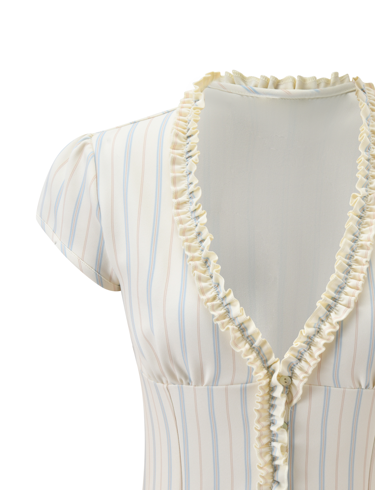 Close-up of the TIGERMIST VALERIE RUFFLE TOP - STRIPE, a short-sleeved top with a deep V-neckline, ruffled trim, and vertical pastel blue and tan stripes on white. The lightweight fabric looks slightly sheer.