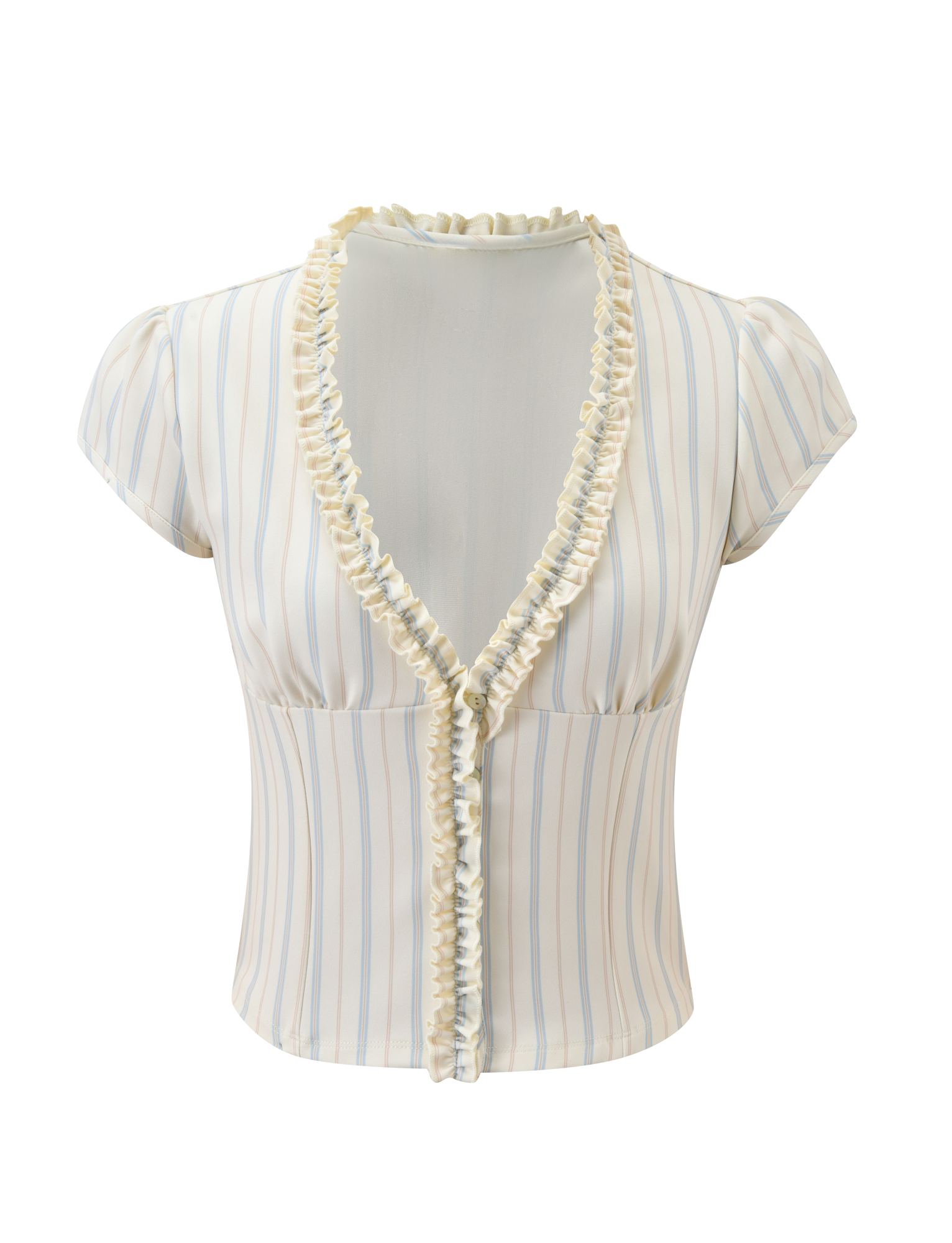 The VALERIE RUFFLE TOP - STRIPE by TIGERMIST is a fitted, short-sleeved blouse with vertical pastel pinstripes, a deep v-neckline, and ruffled trim along the collar and button-down front for a light, feminine look.