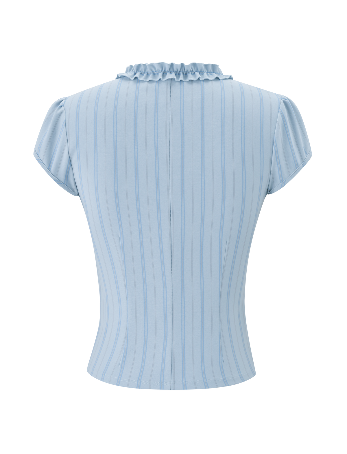 Back view of the VALERIE RUFFLE TOP - BLUE STRIPE by TIGERMIST, showing vertical pinstripes, a ruffled neckline, and cap sleeves, displayed against a plain white background.