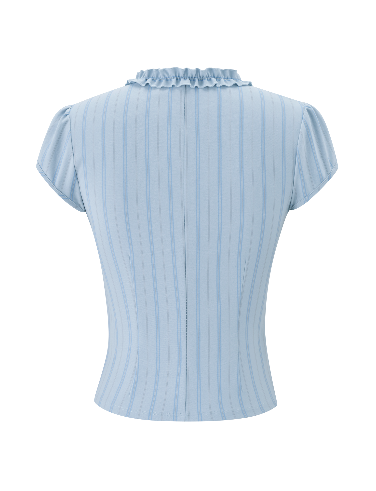 Back view of the VALERIE RUFFLE TOP - BLUE STRIPE by TIGERMIST, showing vertical pinstripes, a ruffled neckline, and cap sleeves, displayed against a plain white background.